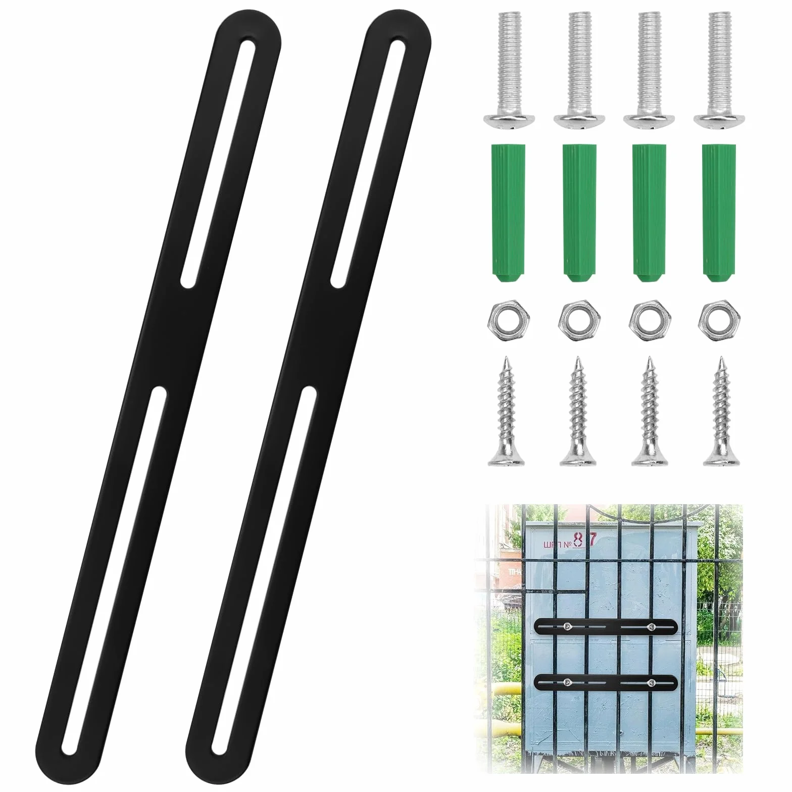 Set di Fissaggio per Cassetta Postale 280 x 24mm con Viti, Staffa Piatta Forata per Cancelli e Recinzioni