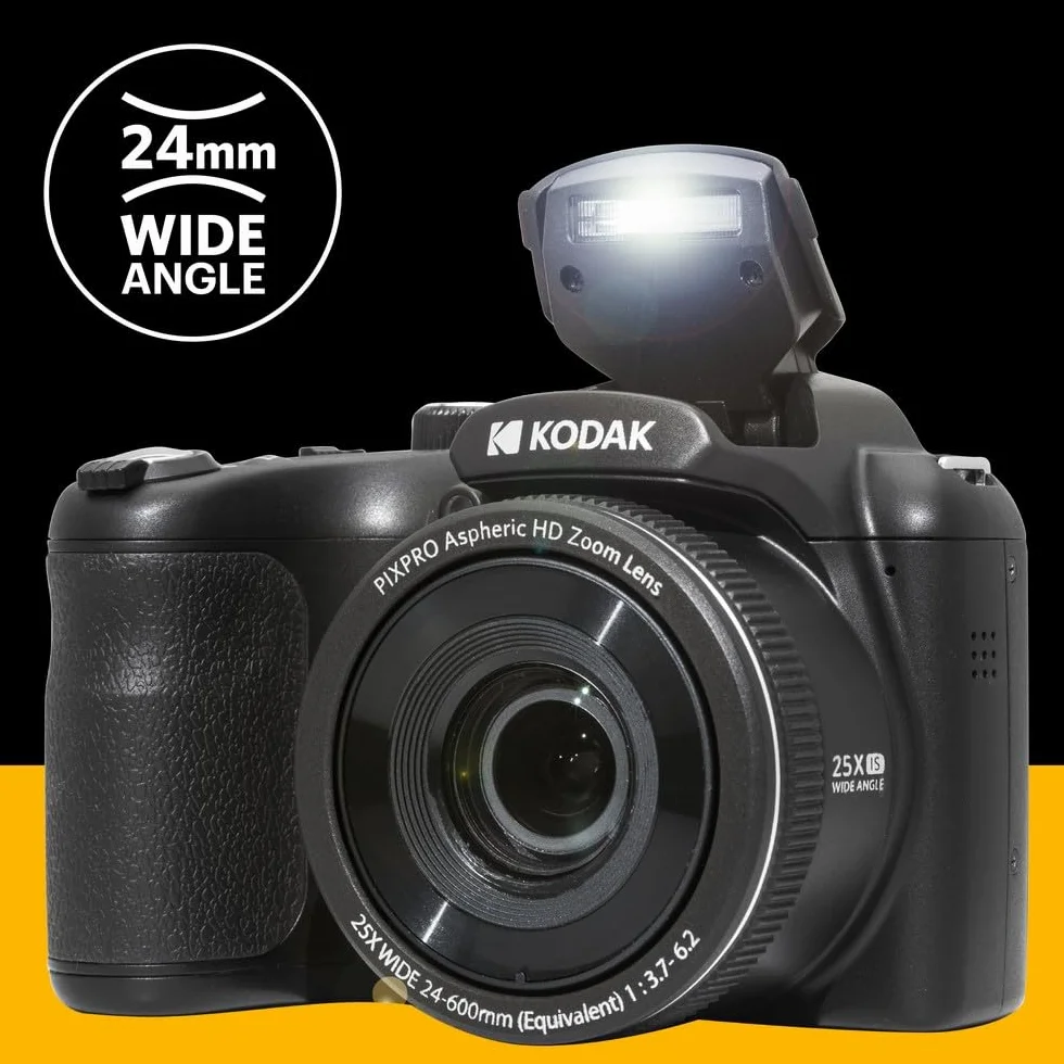 Kodak Pixpro AZ255 - Fotocamera Bridge da 16 MP con zoom ottico 25x + custodia protettiva + scheda SD da 32 GB - video Full HD 1080p, grandangolo 24 mm, stabilizzatore, schermo LCD da 3" - nero