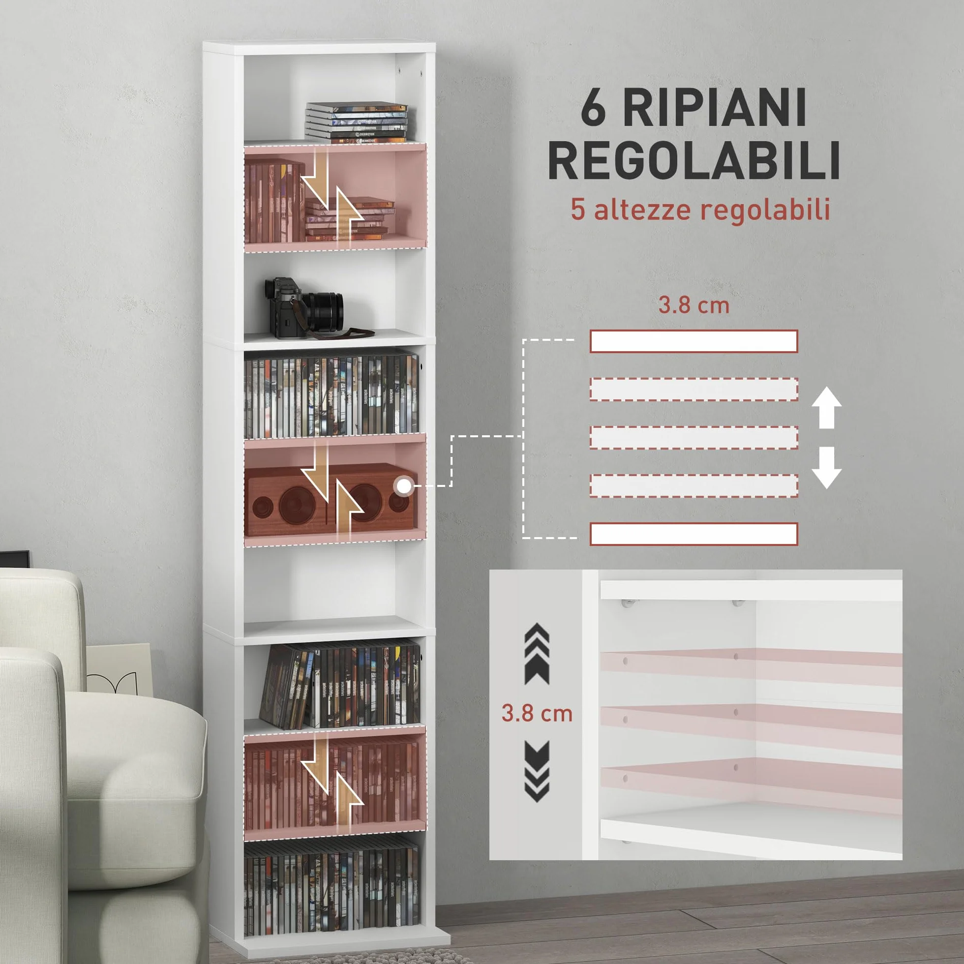 HOMCOM Mobile Porta CD con 6 Ripiani Regolabili, Scaffale Porta 260CD/120DVD Salvaspazio in Legno, Mobile Portacd con 9 Scomparti, per Soggiorno, Camera da Letto, Ufficio, 33x24x140 cm, Bianco