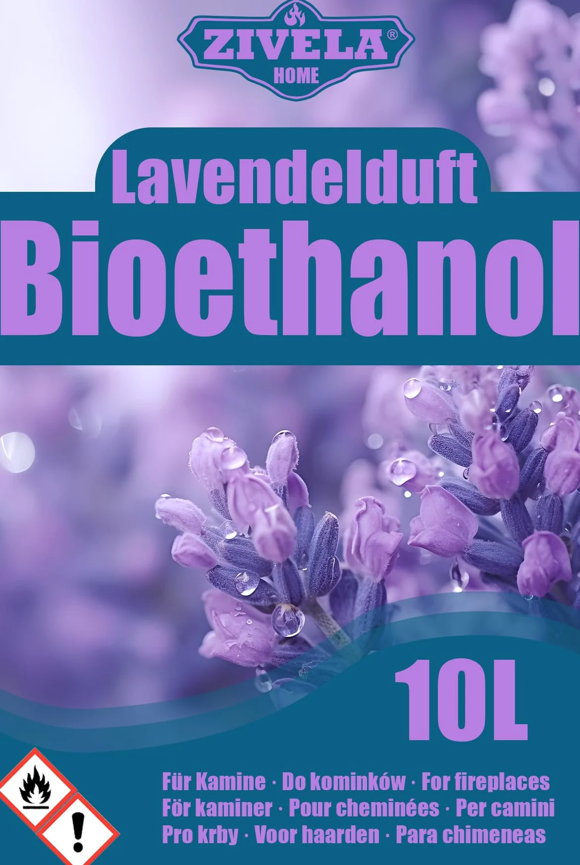 Bioetanolo 96,6% 10 l, profumo di lavanda di alcool biologico 96,6% 10 l, bioetanolo per camino, caminetto, camino a bioetanolo, profumo di lavanda, combustione pulita, senza fumo, fiamma vivida e