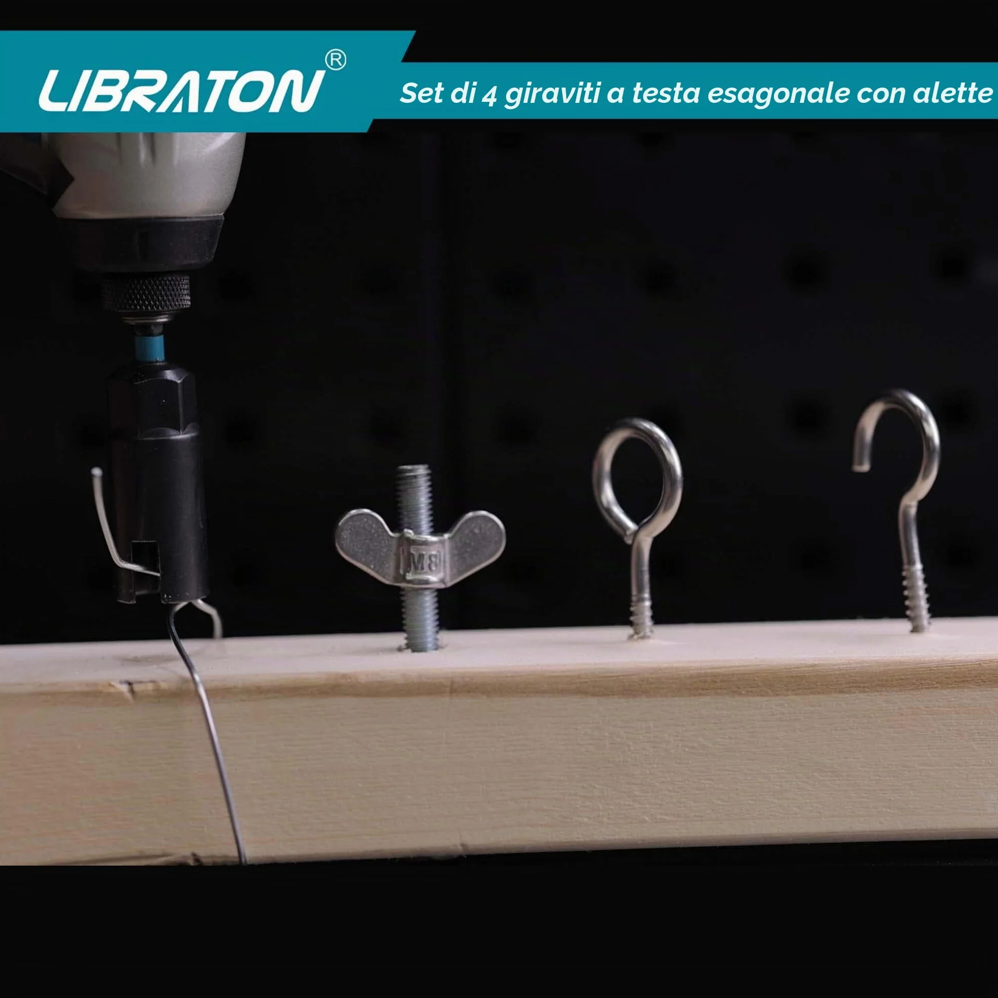 Libraton set di driver per dadi ad ala, 4 pezzi, esagonale 1/4", per bulloni a gancio e C