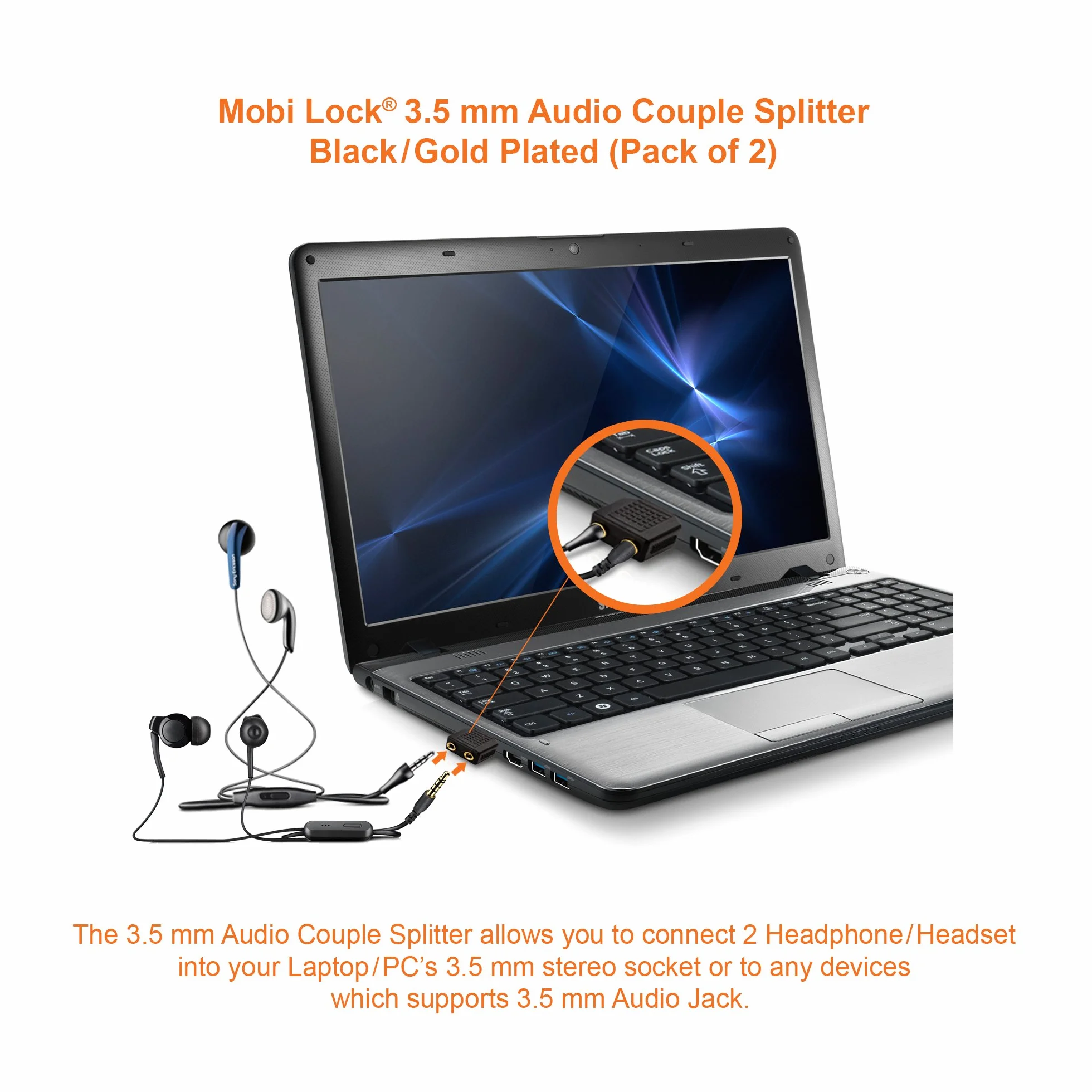 Mobi Lock 2 Pezzi Splitter Audio a Y da 3,5 mm - 1 Maschio a 2 Femmine per Lettori Multimediali e Dispositivi Audio - Consente a Due Persone di Ascoltare la Stessa Fonte
