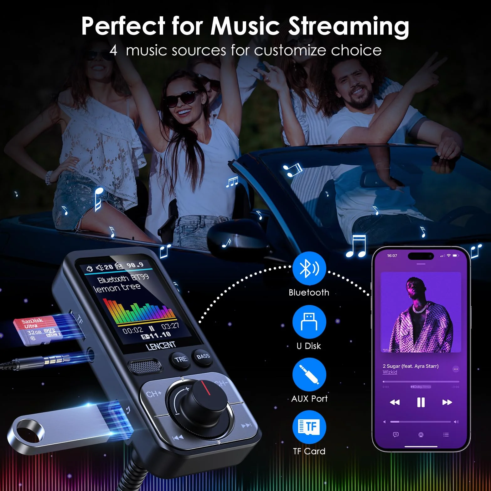 LENCENT Trasmettitore FM Bluetooth 5.0 Auto, QC3.0 18W Ricarica Veloce, Adattatore Radio Auto AUX con Schermo a Colori, Hi-Fi & Bassi Profondi, Chiamatta Vivavoce, Assistente Siri e Google, Scheda TF
