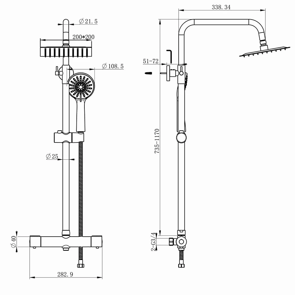OCEAN ITALY Colonna Doccia con Rubinetto Termostatico, Miscelatore Doccia Soffione Doccia Quadrato in Acciaio Inox 20x20cm, Doccetta Tonda da 108mm, Altezza Regolabile 735-1170mm Cromo