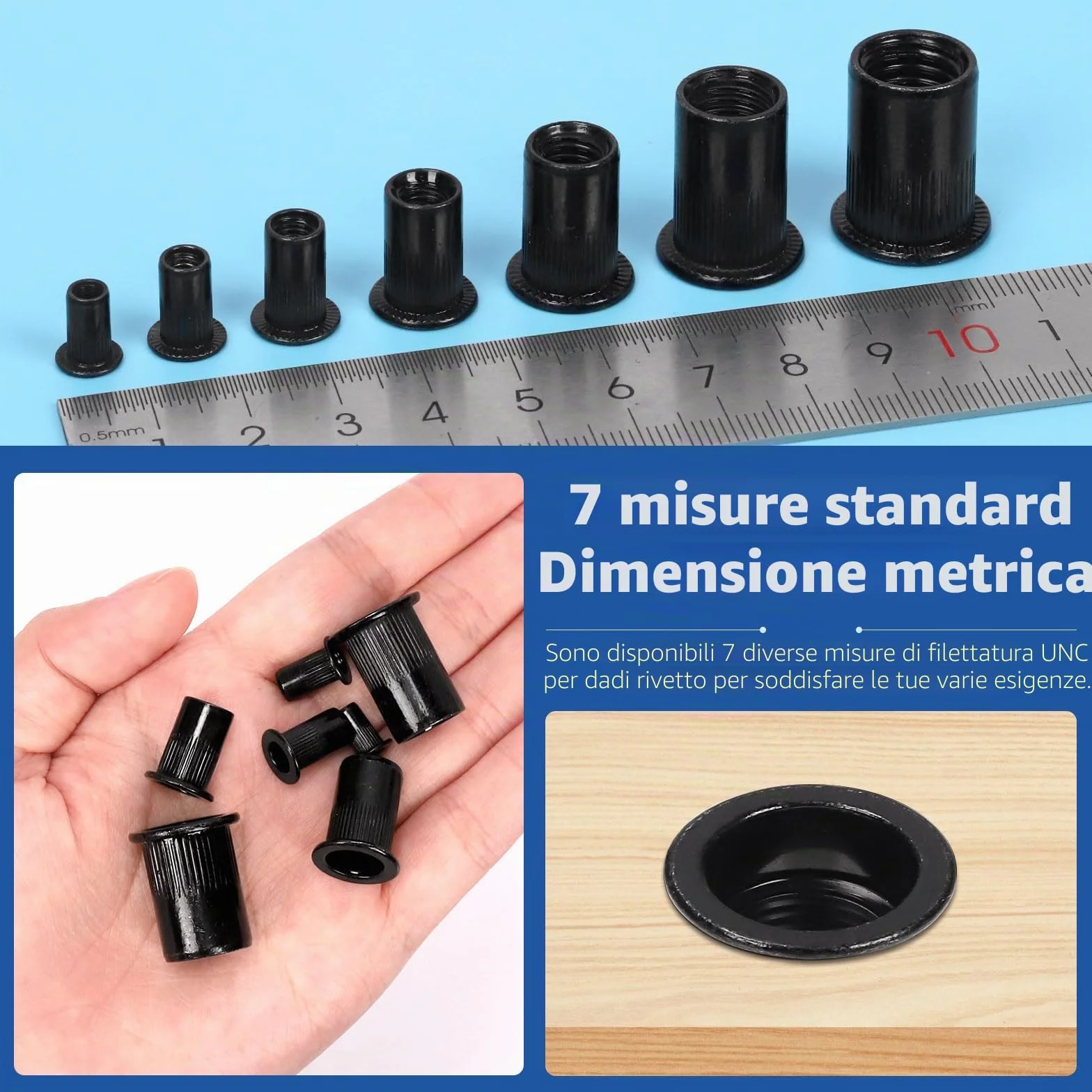 Glarks Set 320 dadi filettati M3 M4 M5 M6 M8 M10 M12 acciaio carbonio zincato nero testa piatta rivnut inserti filettati