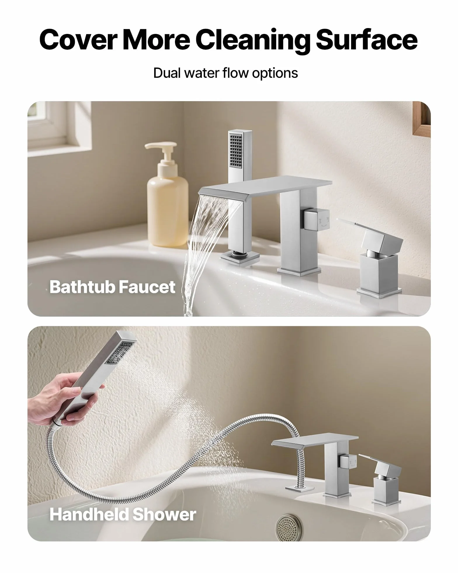 VEVOR Rubinetto per Vasca da Bagno con 3 Fori, Rubinetto con Doccetta 1 Maniglia, Miscelatore da Bagno in Acciaio Inossidabile Spazzolato con Doppia Opzione di Flusso Acqua Calda Acqua Fredda