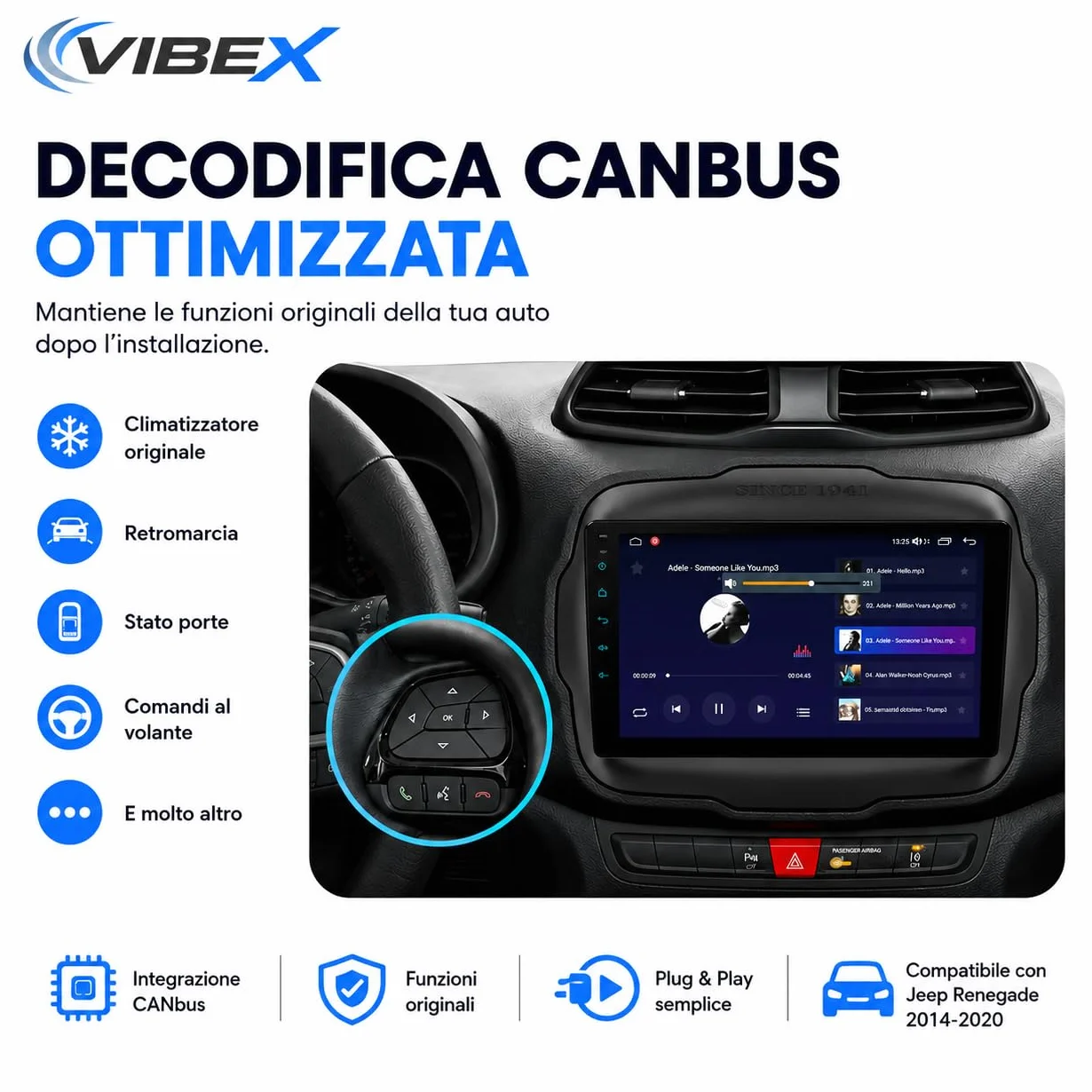 VIBEX Autoradio 9" Android per Jeep Renegade 2014 2015 2016 2017 2018 2019 2020, Wireless Apple CarPlay Android Auto, Navigazione GPS, Bluetooth, WiFi, Schermo Touchscreen, Supporto Retrocamera