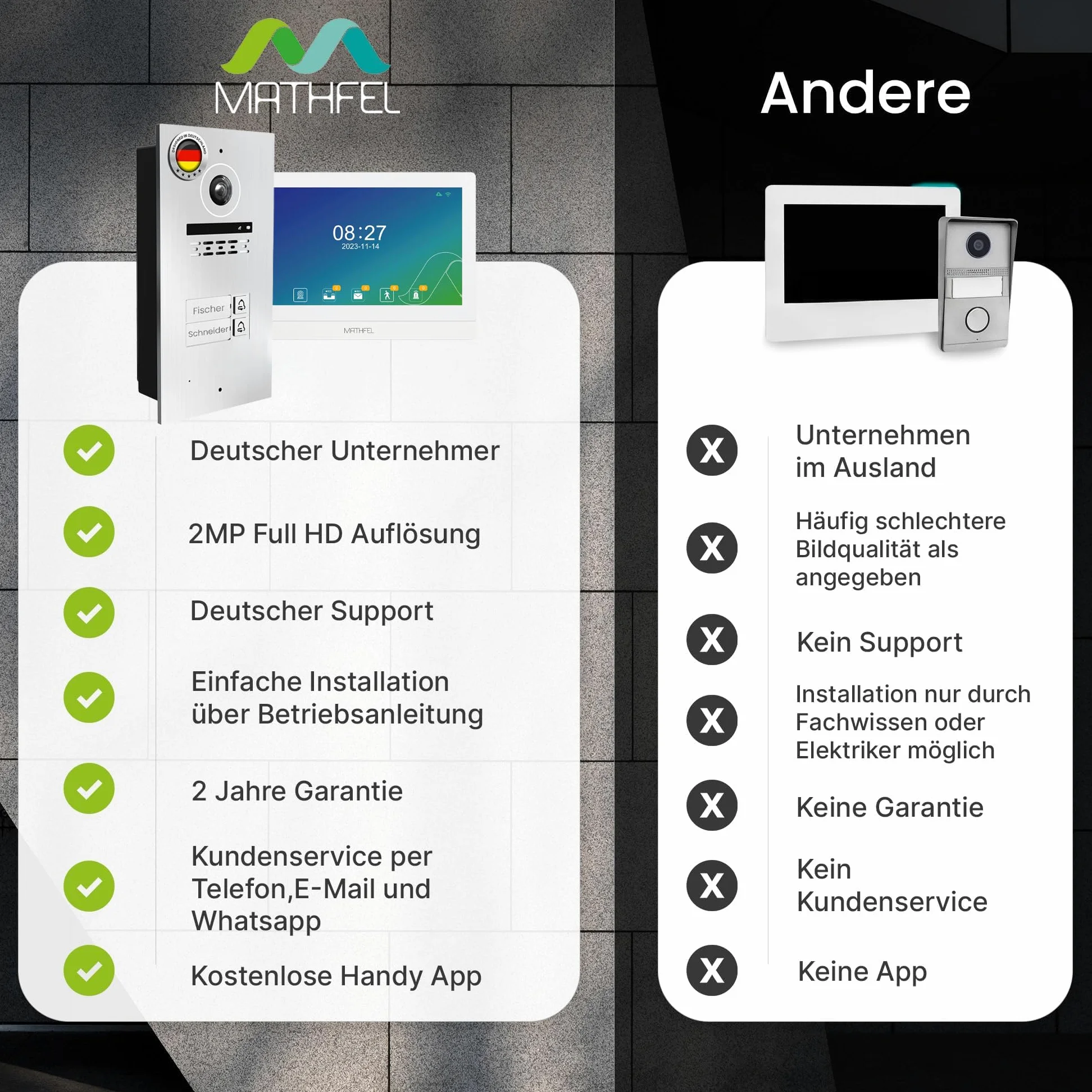 Mathfel 2 case di famiglia, 2 fili, bus Wi-Fi, videocitofono, 4 monitor touch screen da 10 pollici, con fotocamera grandangolare da 2 megapixel, 170 gradi, stazione esterna in argento con incisione
