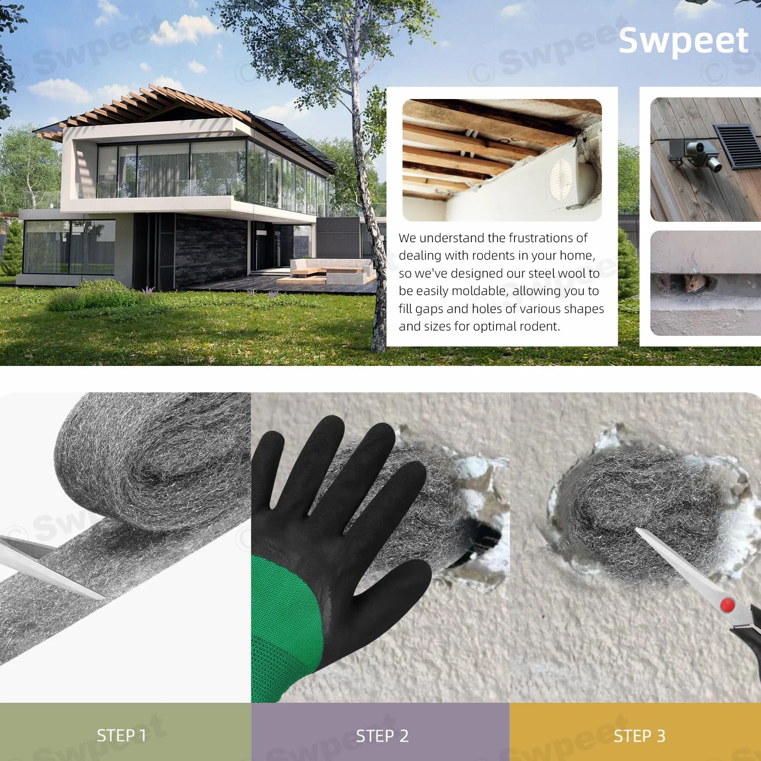 Swpeet Steel Wool Gap Filler per casa e garage, pacchetto fai da te