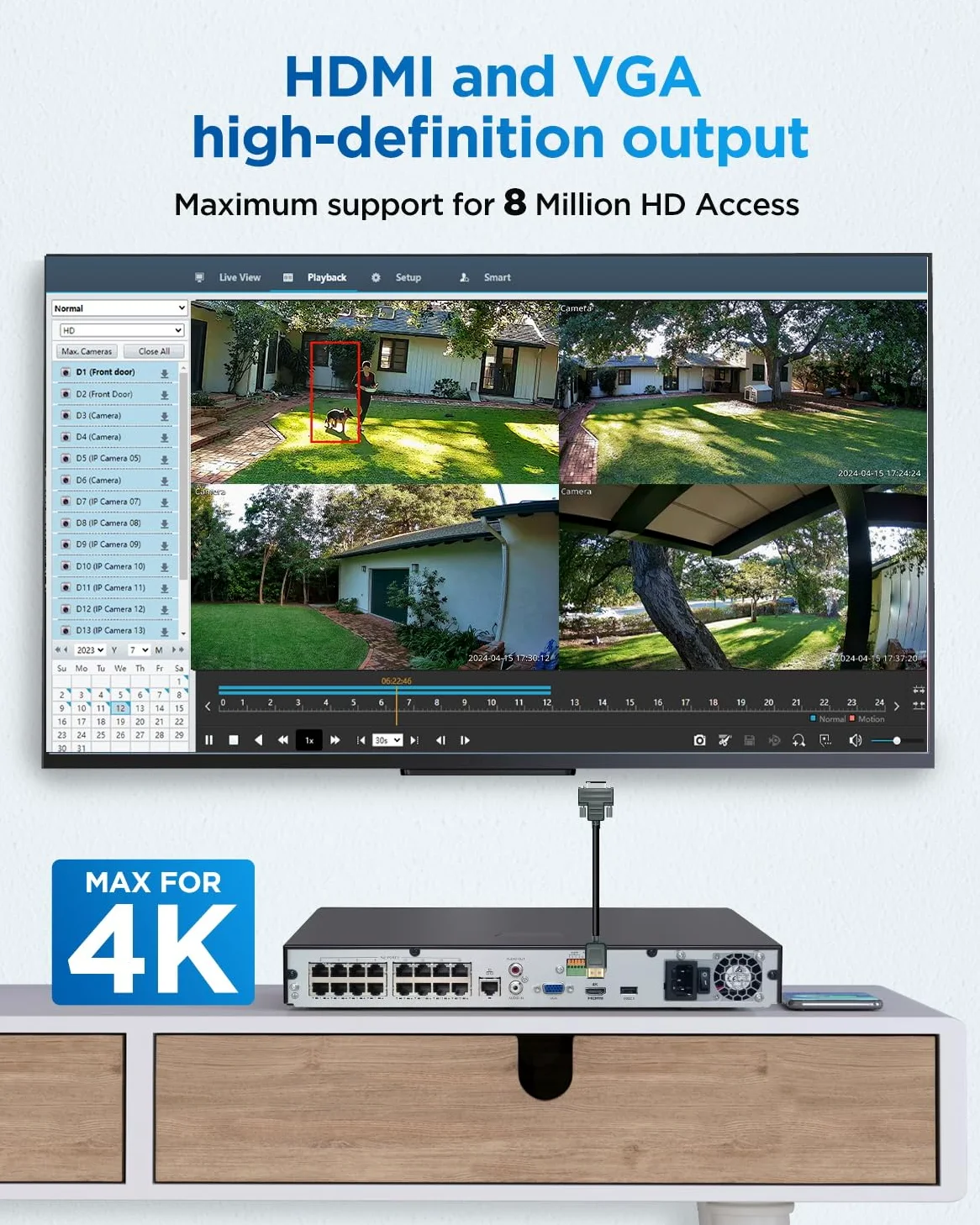 4COVR Registratore video di rete PoE H.265 a 16 canali, HD NVR funziona con telecamere IP 4MP/5MP/6MP/8MP, HDD da 4 TB preinstallato e due porte SATA fino a 16 TB, registrazione 24/7, ELY-NVR16P4TC