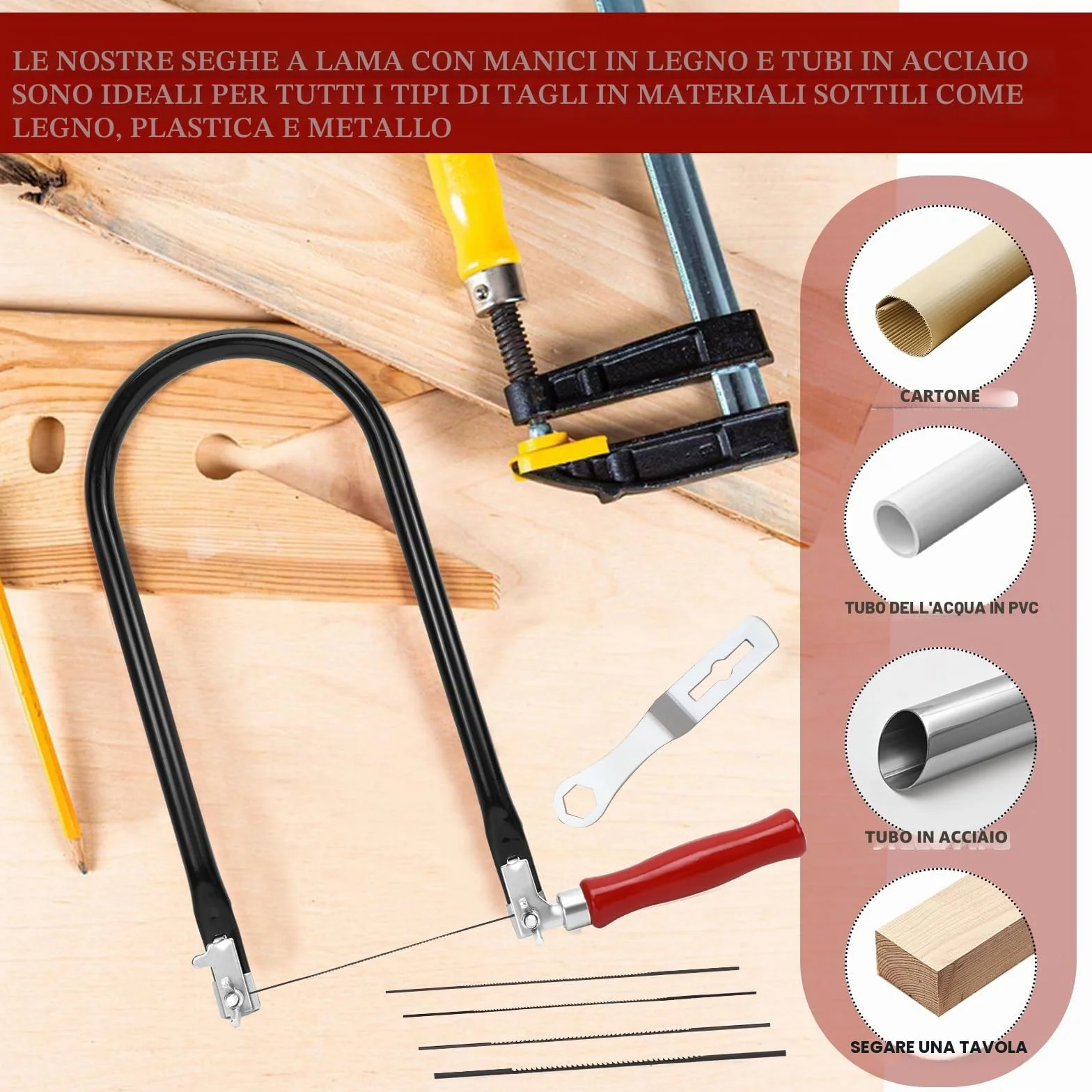 Set di Seghetti da Traforo Comprendente 4 Lame per Seghe (4#6#8#10#) Chiave di Montaggio e Archetto per Seghetti da Traforo per Metallo e Legno Sega da Ferro Piccola Girevole a 360 Gradi
