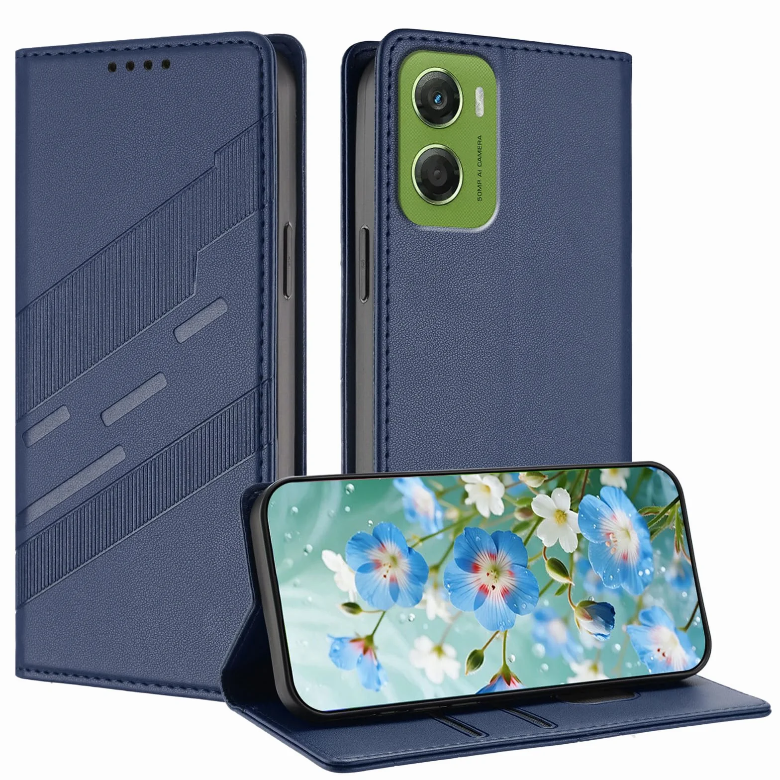 Cover Custodia Folio in Pelle per Motorola Moto G06 4G, Premium PU/TPU Pelle Flip Antiurto Wallet Case, con Supporto & Porta Carta. Blu scuro