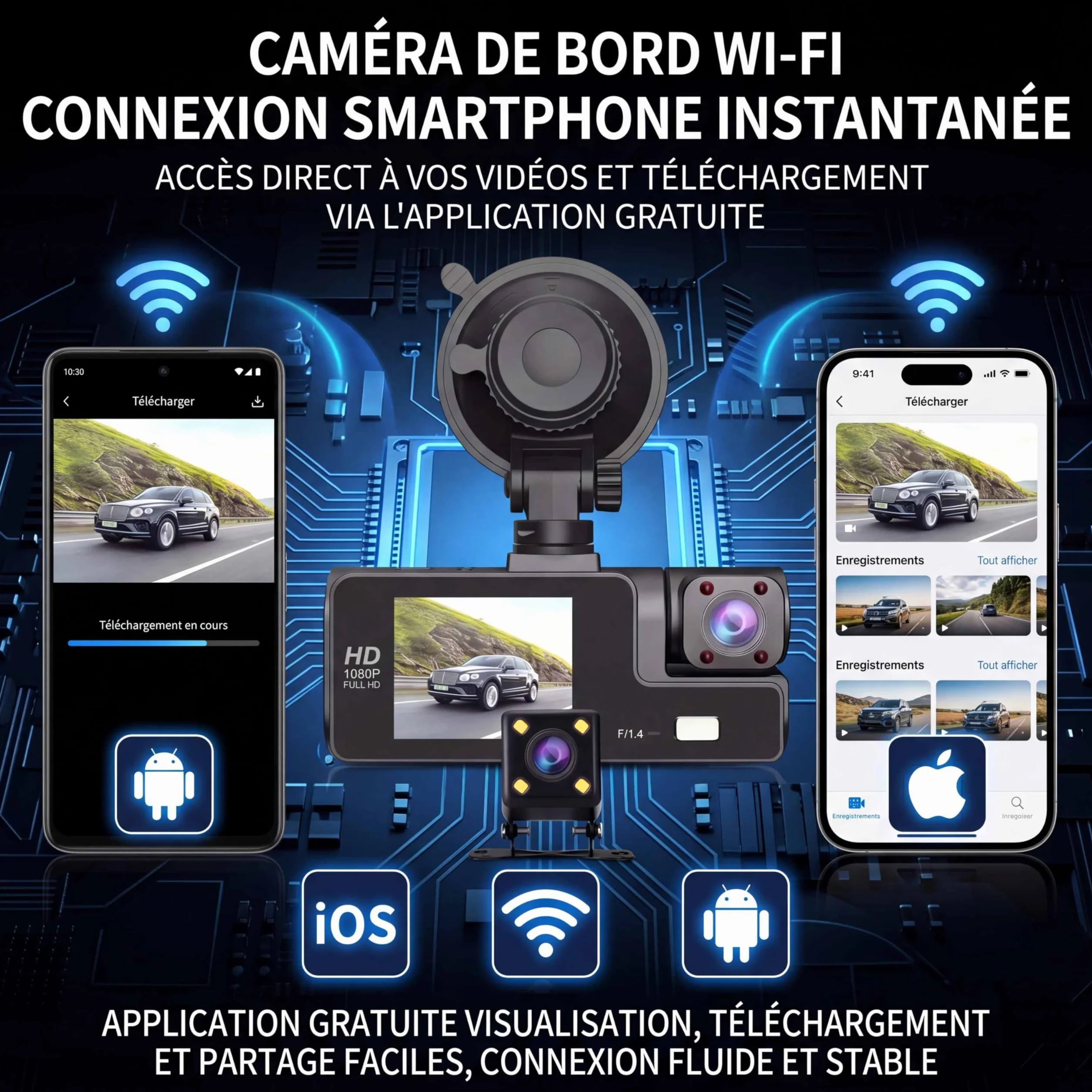 Telecamera Dashcam 3 telecamere 1080P Full HD | Massima sicurezza a 360° senza angolo morto, visione notturna e parcheggio monitorato, WiFi integrato rilevamento del movimento, ideale per i conducenti