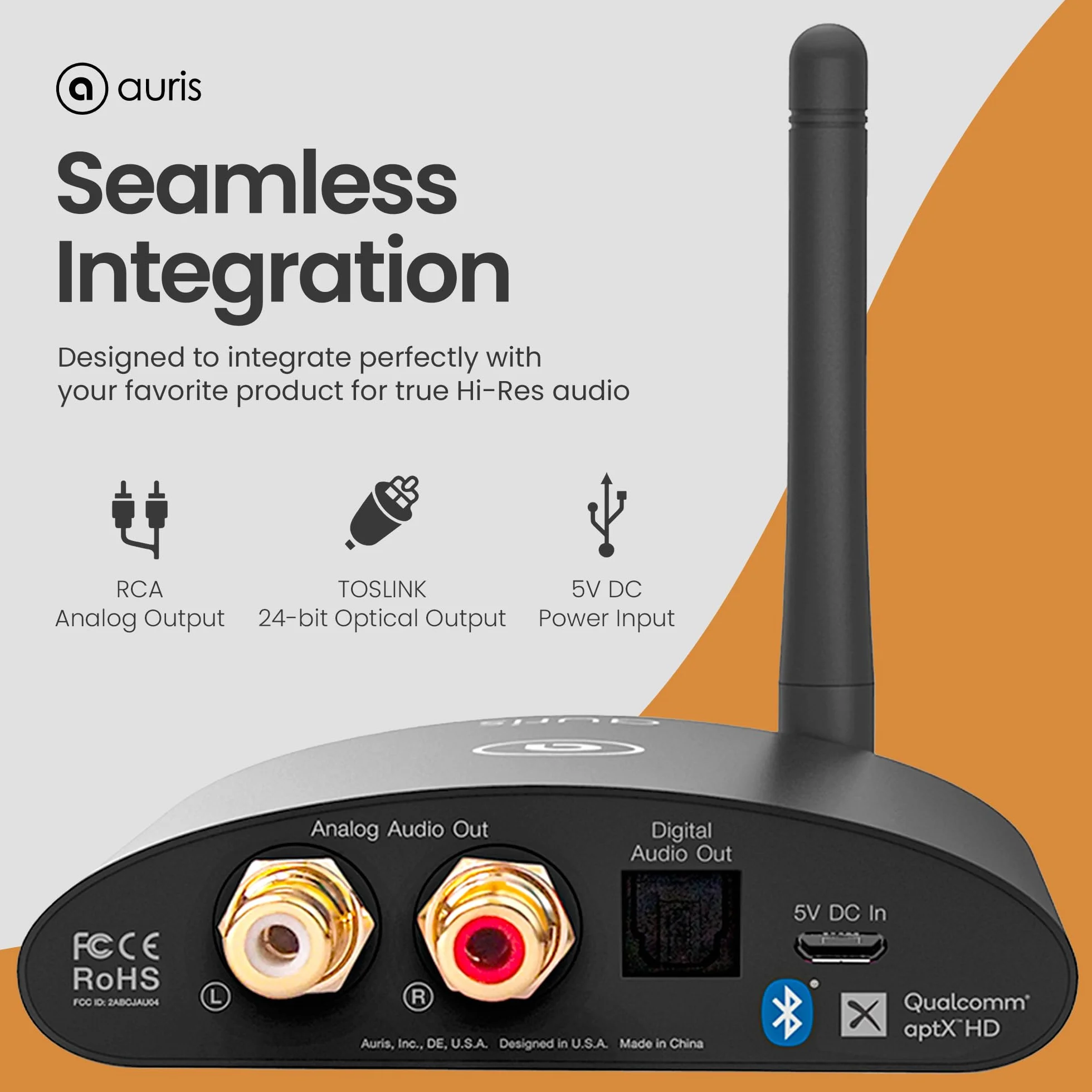 Auris Blume HD Long Range Bluetooth 5.3 Music Receiver Hi-Fi Wireless Audio Adapter with Audiophile DAC, LDAC & aptX HD for Streaming to Home Stereo, AV Receiver or Stereo Amplifier