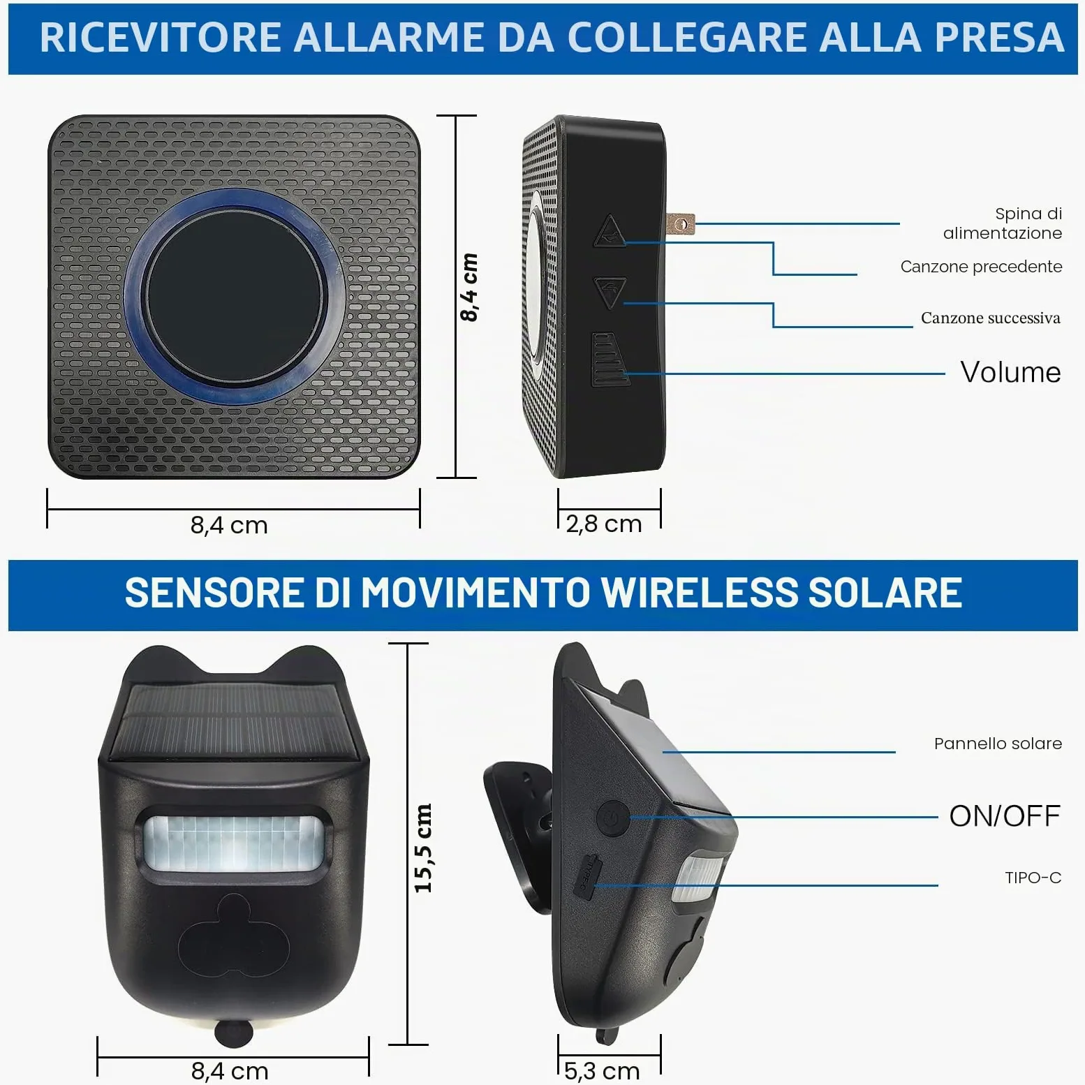 Allarme solare senza fili per vialetto esterno, resistente alle intemperie, rilevatore di movimento, campanello per porta, sistema di allarme di sicurezza fai da te (2 sensori e 1 campanello)