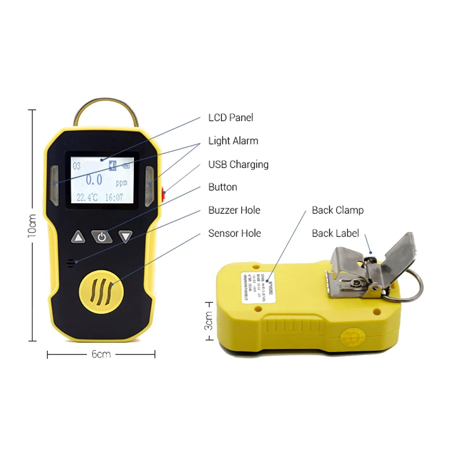 Rilevatore Gas, Industria Portatile H2/O3/CO/PH3/CO2/H2S/NH3/O2/NO2/NO/EX/CH4 Rilevatore di Gas Rilevatore di Allarme Gas combustibile Carica USB 0-100% LEL per Lavoro, Casa(EX-0-100LEL-1)
