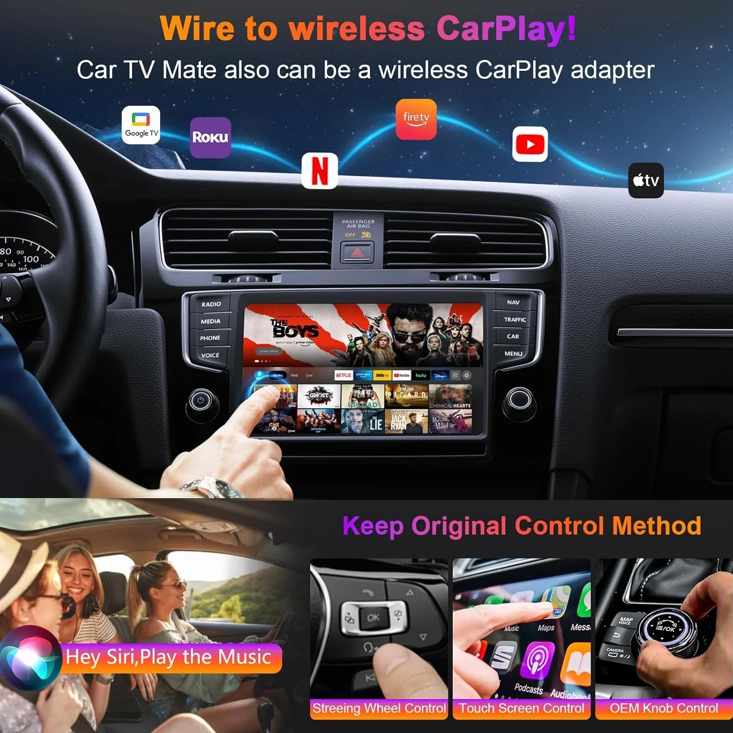 Car TV Mate 2025 Adattatore wireless CarPlay integrato, convertitore Fire TV Stick per auto Plug & Play, stabile, veloce, nessuna latenza, adattatore multimediale HDMl con CarPlay cablato di fabbrica