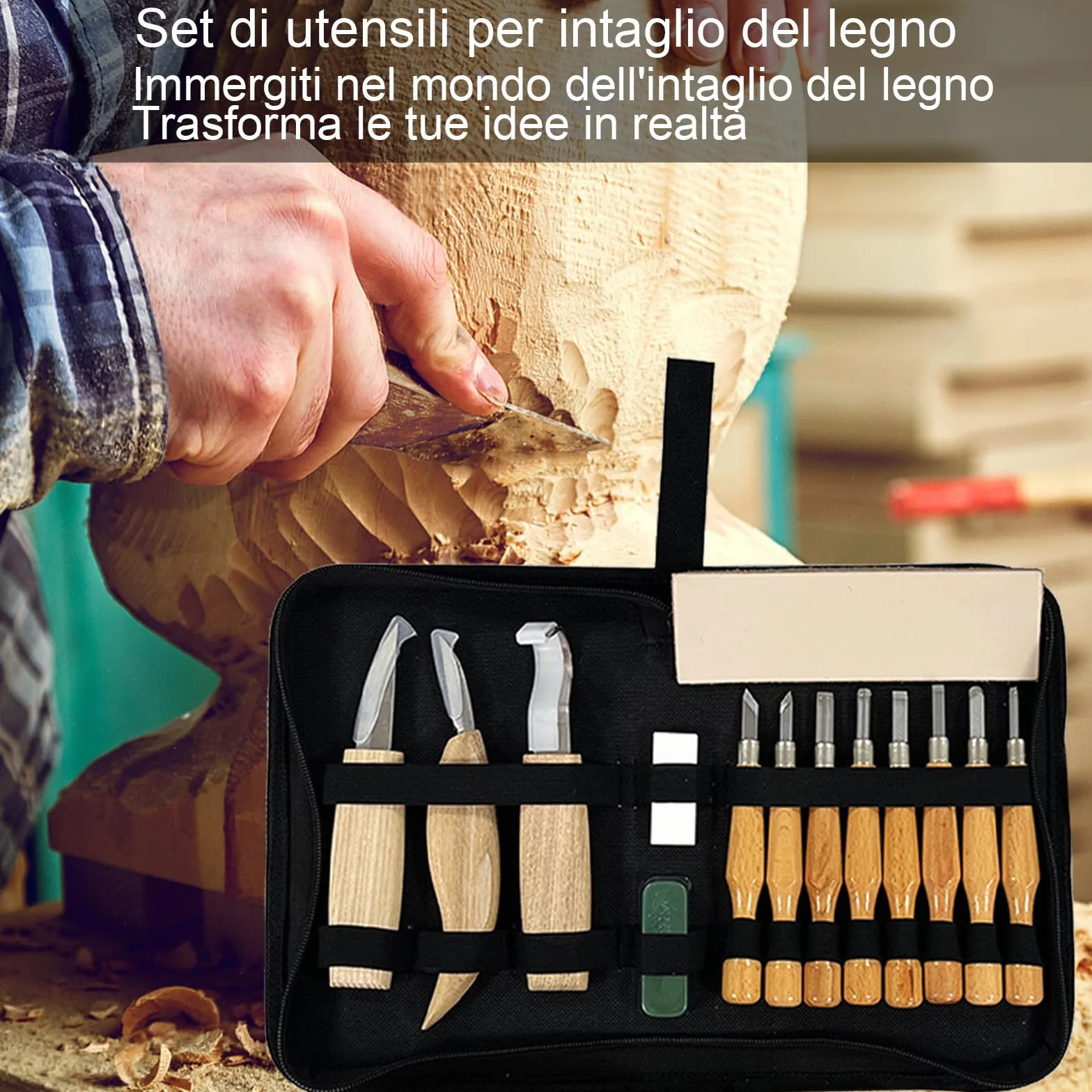 Strumenti Per Intaglio Del Legno - 21PCS Kit Intaglio Legno Professionale, Portare pietra pomice, cera, carta vetrata e guanti, Adatto a principianti e professionisti