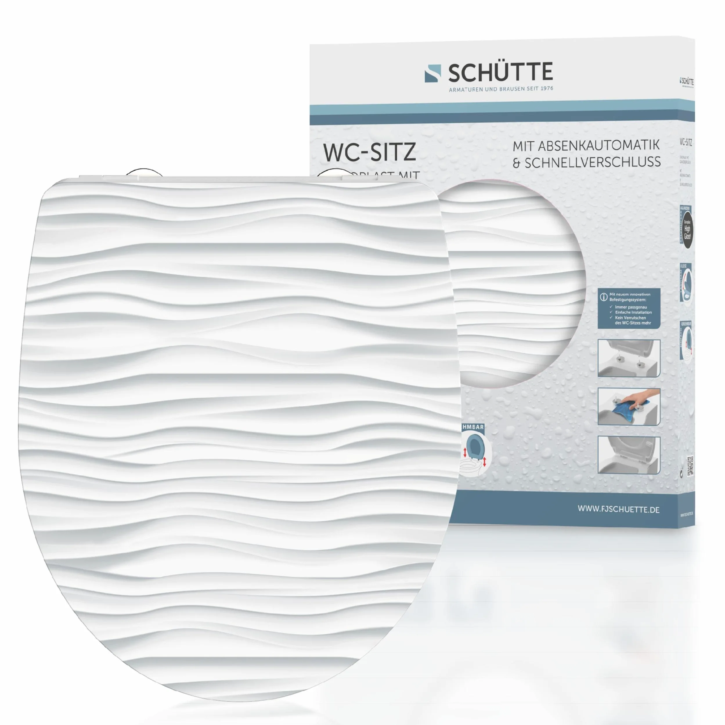 SCHÜTTE 82584 - Sedile WC in Duroplast High Gloss, bianco, con abbassamento automatico e chiusura rapida, motivo