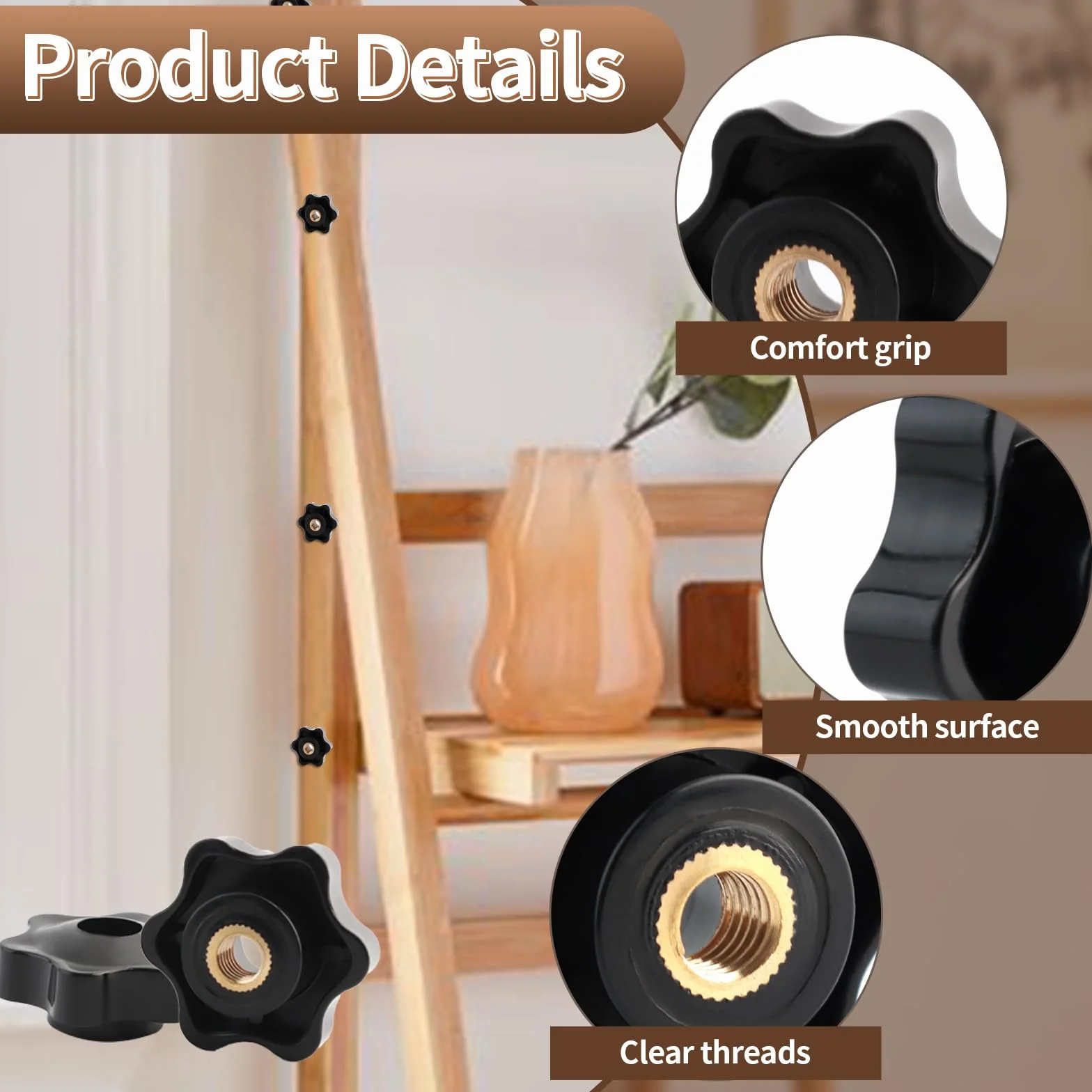 Dadi a stella M8 diametro esterno 38 mm plastica nera filettatura ottone per macchine utensili fitness