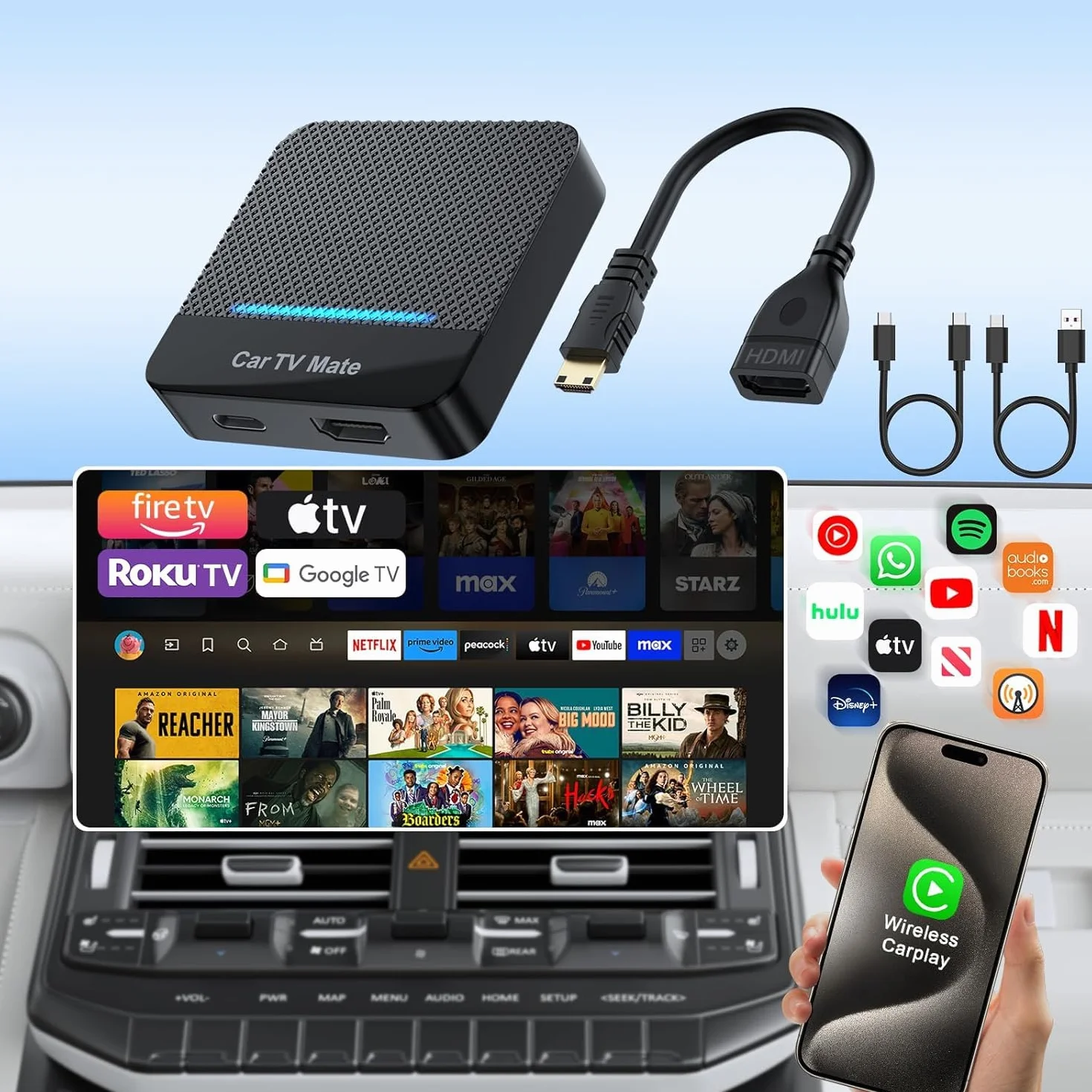 Car TV Mate 2025 Adattatore wireless CarPlay integrato, convertitore Fire TV Stick per auto Plug & Play, stabile, veloce, nessuna latenza, adattatore multimediale HDMl con CarPlay cablato di fabbrica