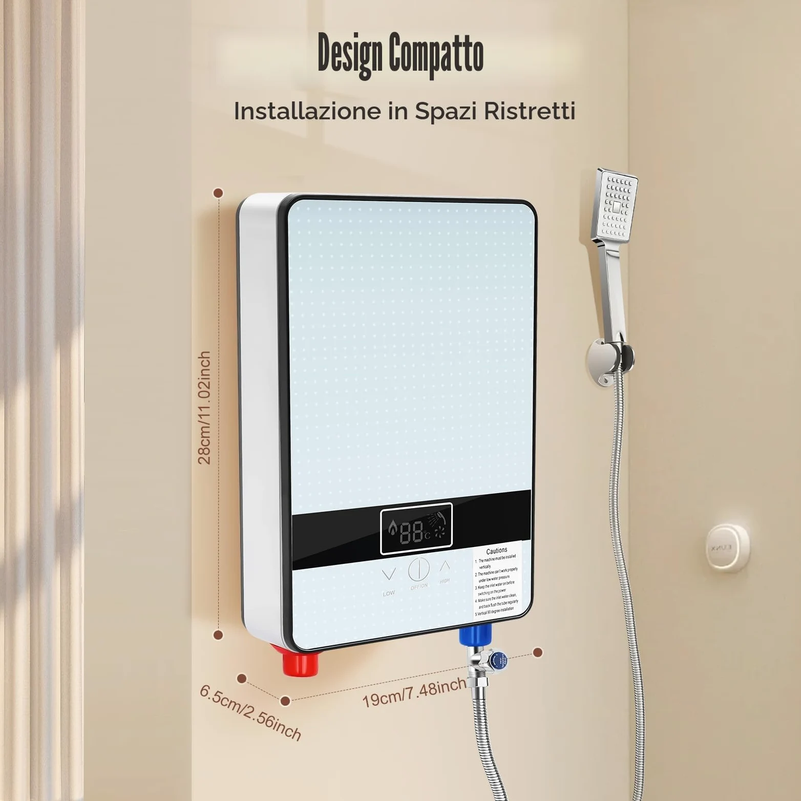 Scaldacqua istantanea doccia, scaldacqua elettrico istantaneo, 6500 W Tankless acqua calda istantanea bagno doccia, bagno scaldabagno elettrico 0-55 ℃, 29 × 19 × 6,5 cm
