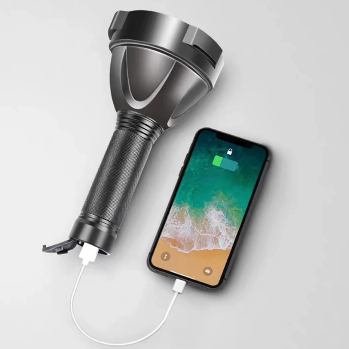 Torcia da Campeggio Ricaricabile 5000mah in Lega di Alluminio Lente Convessa e Alta Durata per Immersioni e Uso di Emergenza Nero