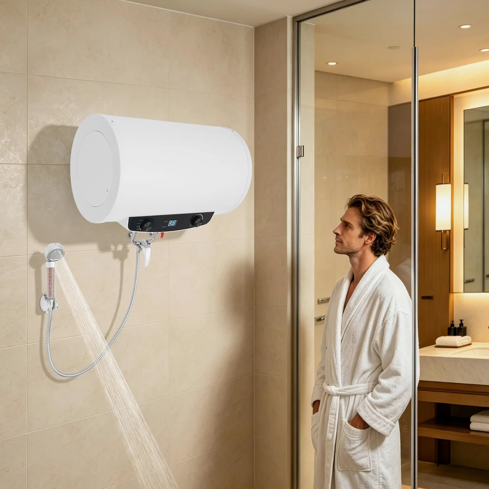 Scaldabagno da 50 l, montaggio a parete, 2000 W, 3 livelli, con set doccia IPX4 | Scaldabagno elettrico 35-75 °C, 3 livelli di calore, IPX4, silenzioso, 30 dB, ideale per bagno, cucina, parrucchiere