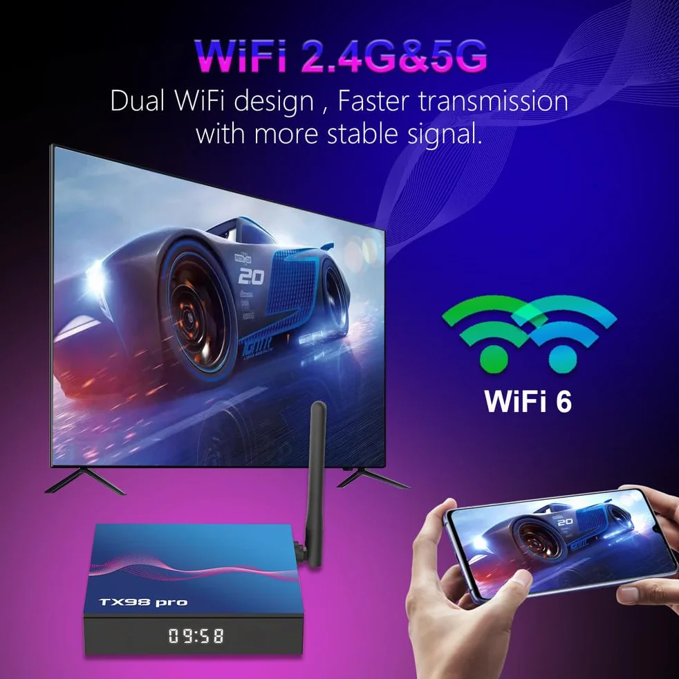 Box Android 14.0, TX98 PRO H618 Quad-Core 64Bit Cortex-A53 Mali 450 MP2 GPU Supporto 4K 3D 1080P 2.4/5.0Ghz WiFi BT5.0 10/100M Ethernet DLNA HDMI 2.0 H.265,4gb+32gb