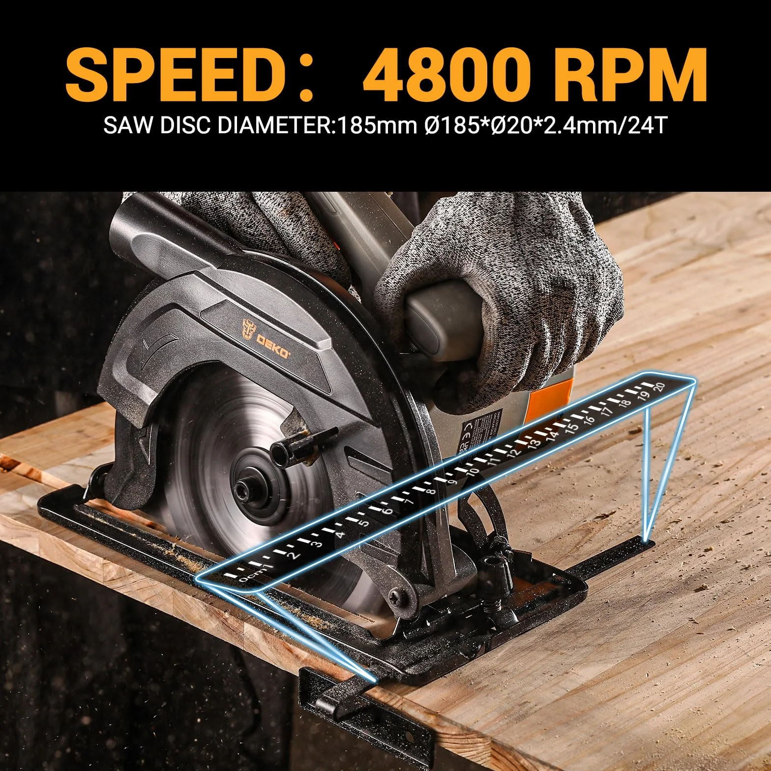 Sega circolare per legno Sierra Circular 1200W: DEKOPRO Sega circolare con binario guida, Hoja de sierra Ø185mm(24T), Profondità massima di taglio 65mm (90°), 43mm (45°), Ideale per Tagliare Legno