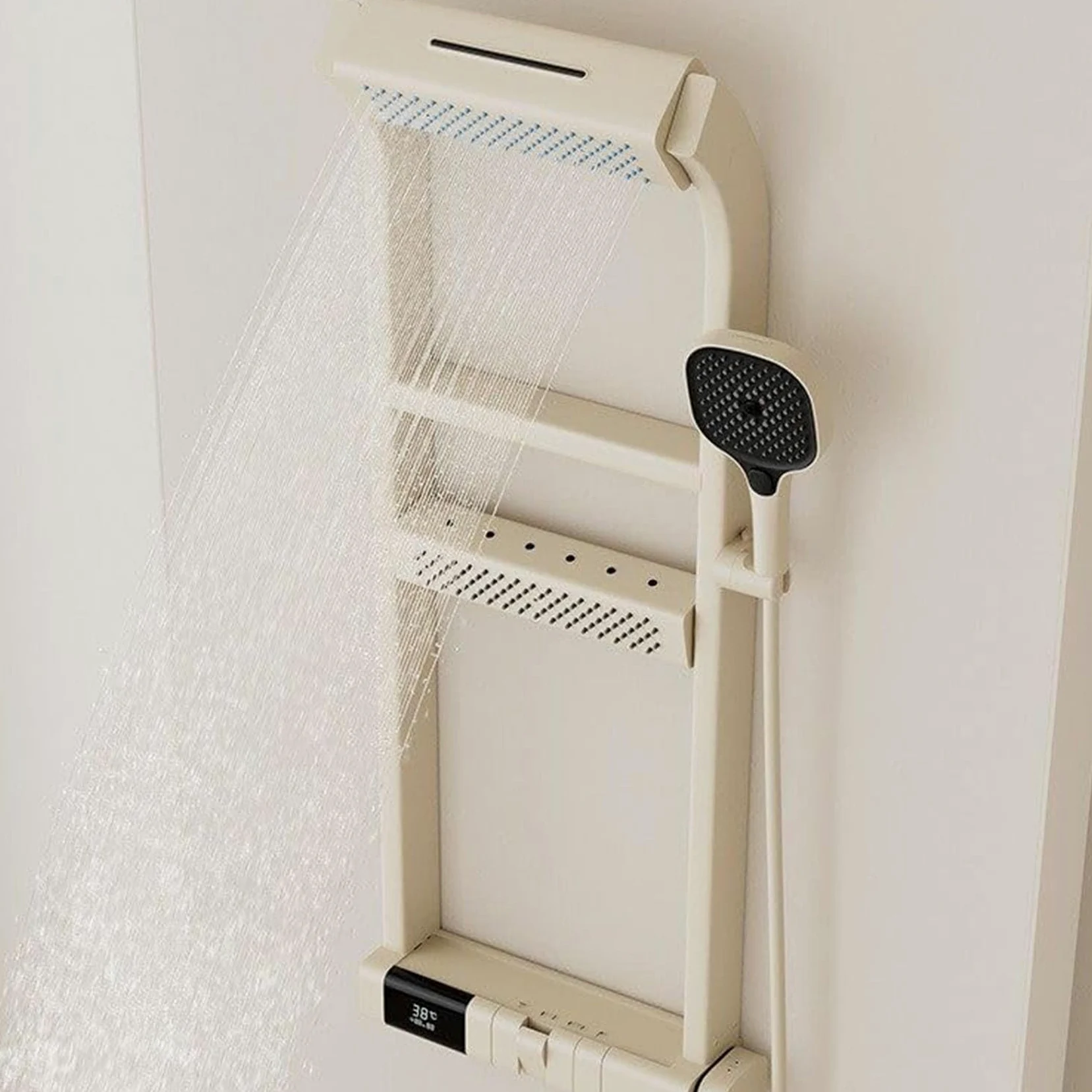 Set Miscelatore Doccia con Display Digitale a LED, soffione a Pioggia e soffione Portatile, Pannello di Controllo per Bagno, mensola a Torre per ristrutturazioni Moderne