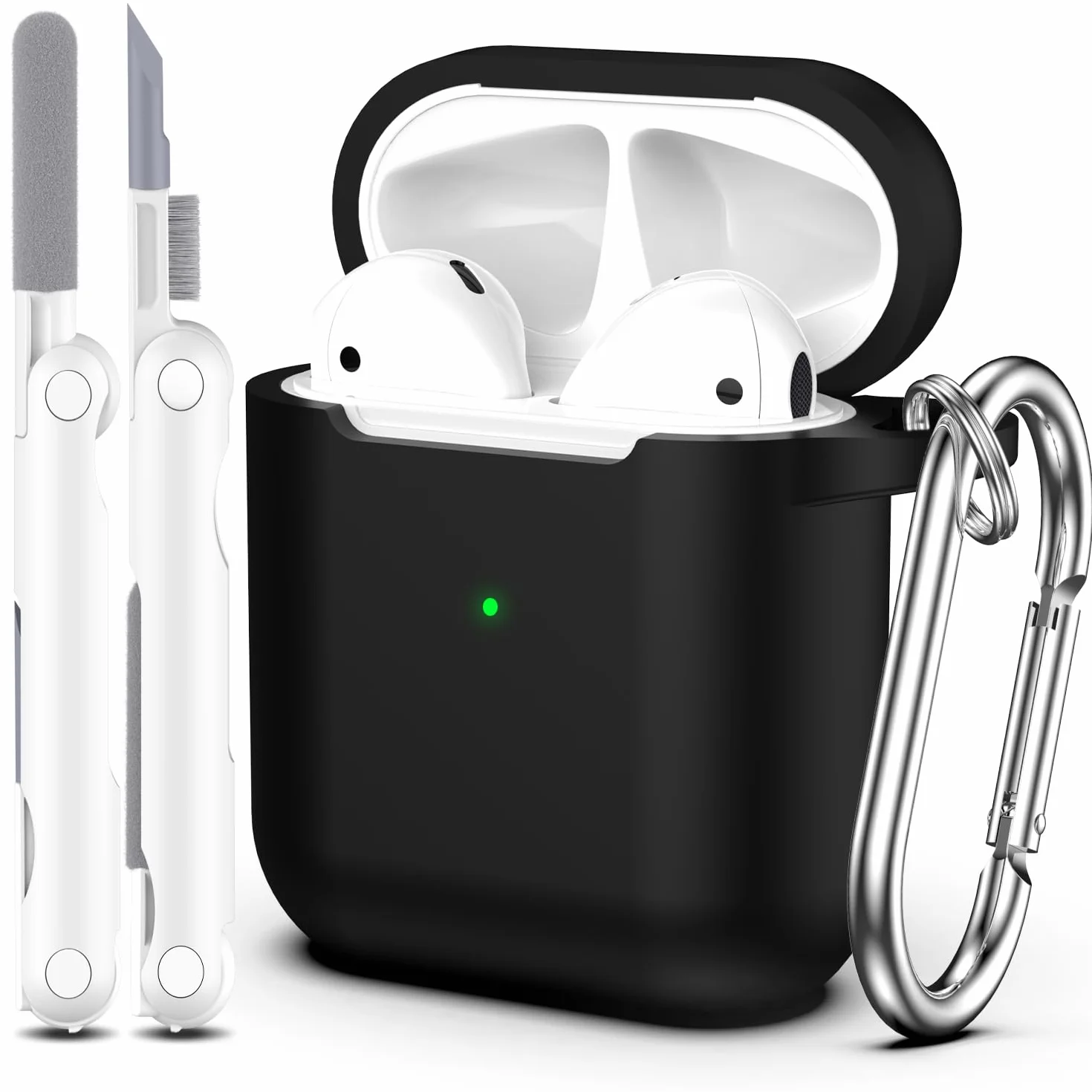 Custodia per Airpods 1a/2a generazione (2016/2019),Custodia protettiva in morbido silicone per Airpods 1a/2a con LED visibile sulla parte anteriore,con kit di pulizia,Nero