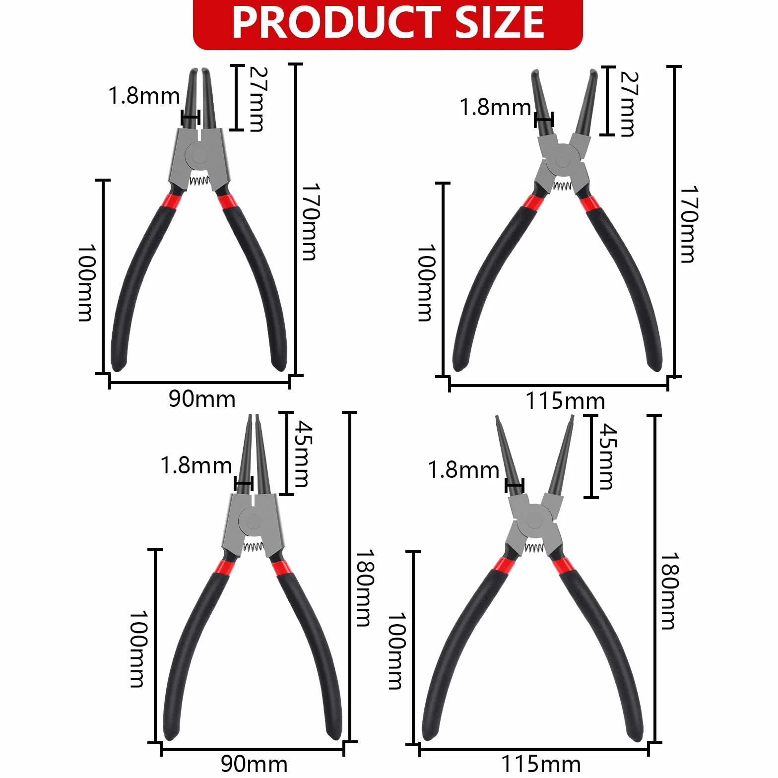 Set Pinze per Anelli di Sicurezza 4 Pezzi Dritti e Piegati con Maniglie Antiscivolo