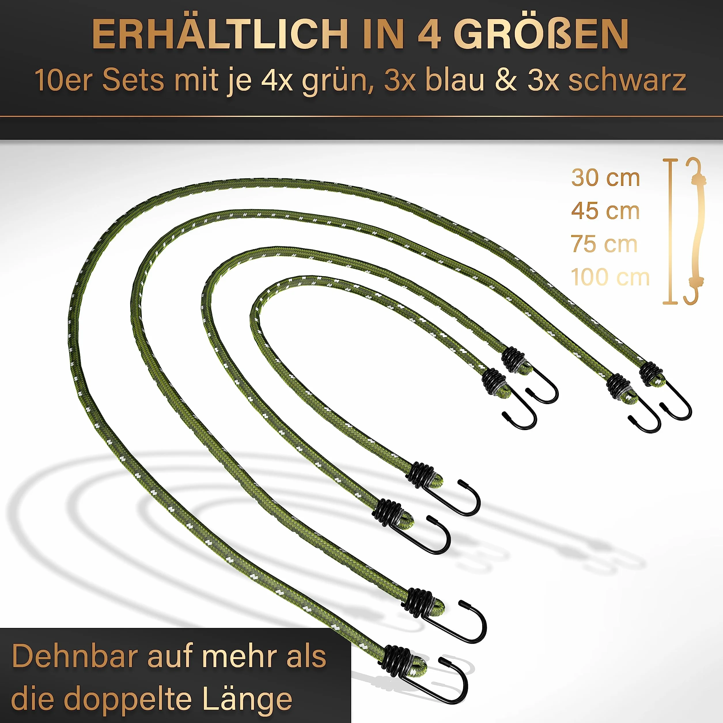 HELDENWERK Set di 10 espansori certificati TÜV/GS con ganci elastici in 30, 45, 75 e 100 cm, elastici con ganci per trasporto, campeggio e sicurezza, corda di tensione, tenditore in gomma e tenditore