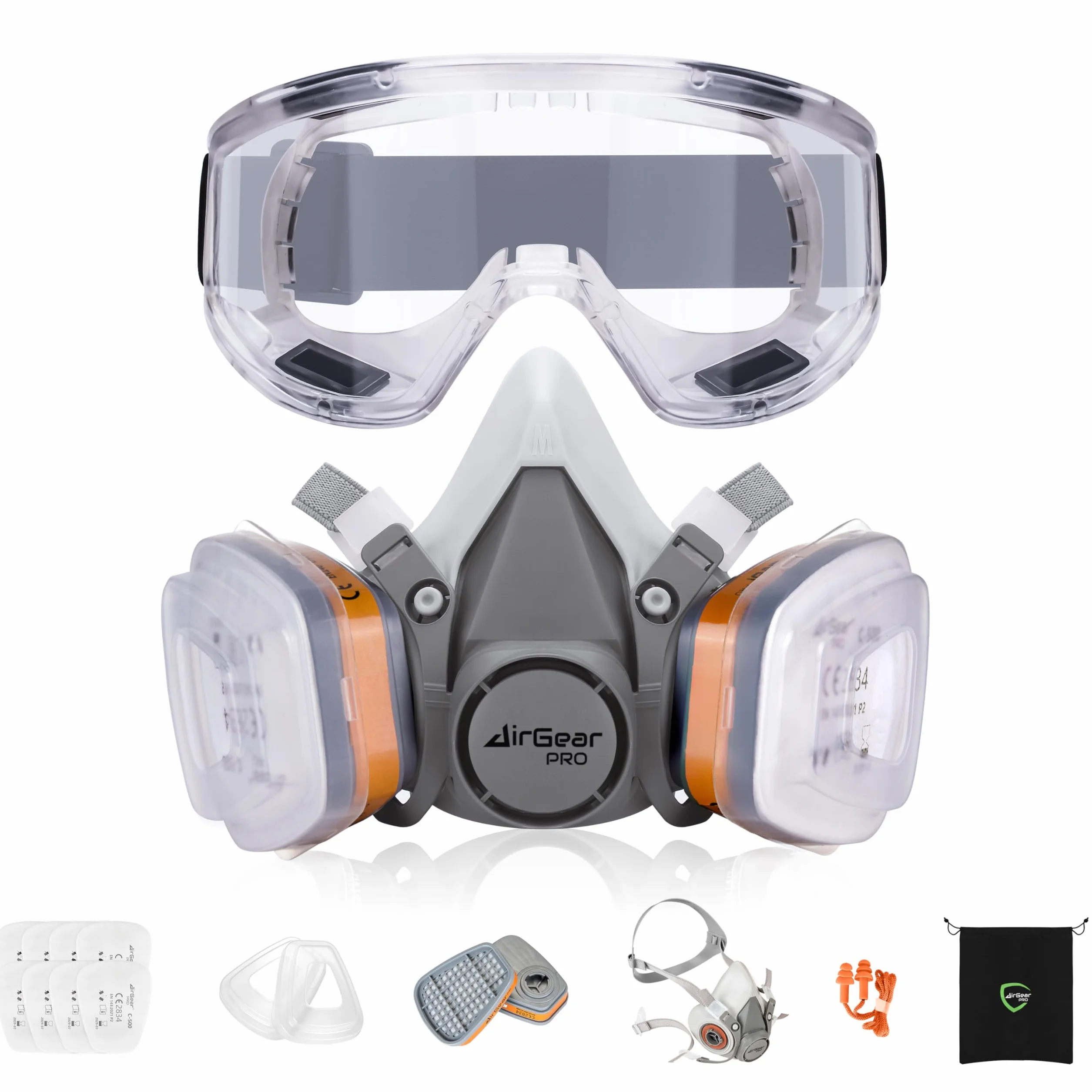 AirGearPro G-500 Maschera di protezione respiratoria riutilizzabile con filtri e occhiali di protezione