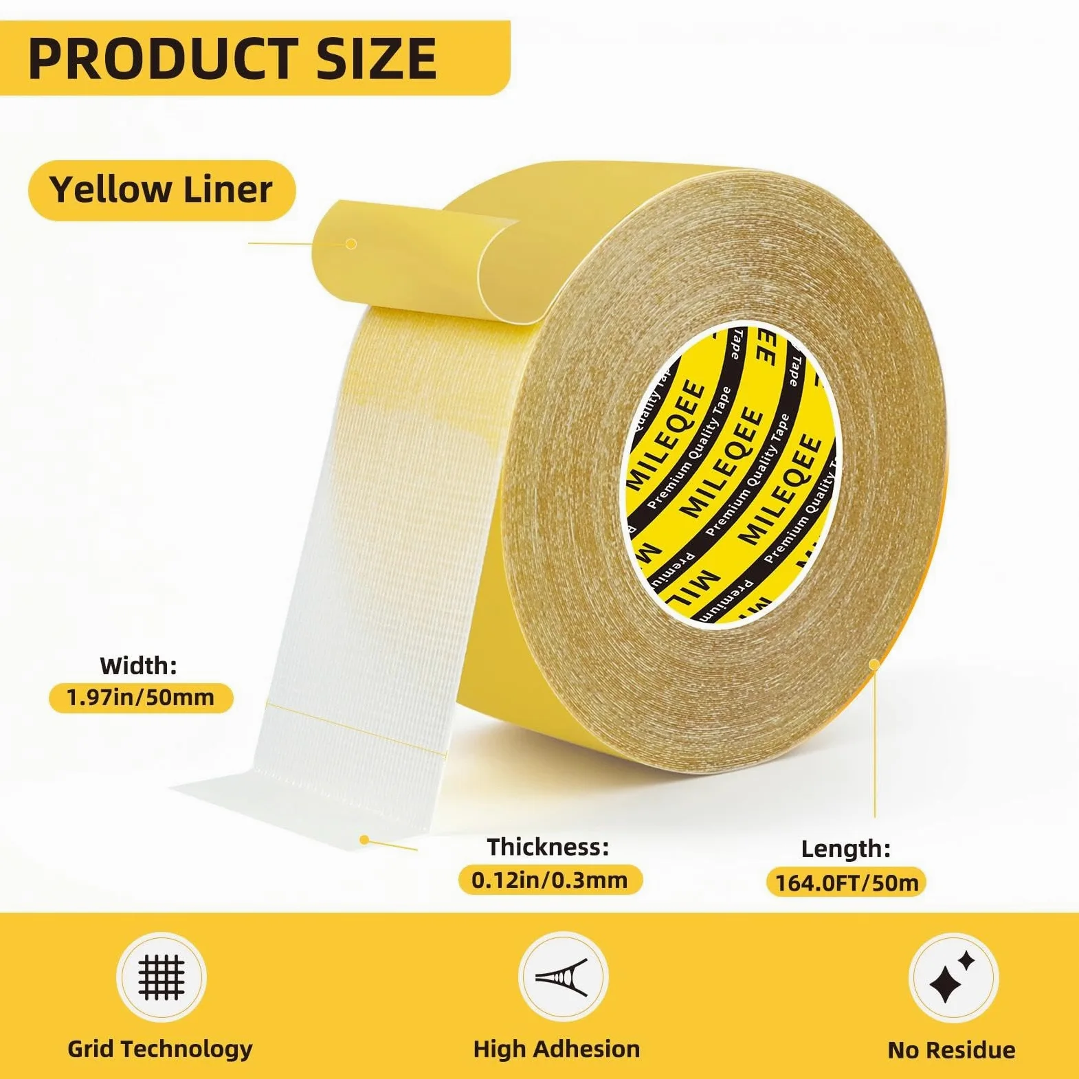Nastro biadesivo resistente, 5,1 cm x 164 m (50 m), nastro di montaggio universale extra large ad alta aderenza, forte striscia adesiva da parete in rete in fibra di vetro, nastro adesivo