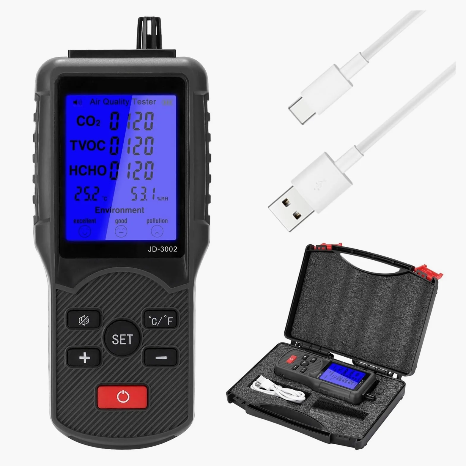 JD-3002 Tester di qualità 'aria Misuratore CO2 multifunzionale TVOC Dispositivo misurazione 'umidità della temperatura Rilevatore Per cucina e camper(Plastic box Type)
