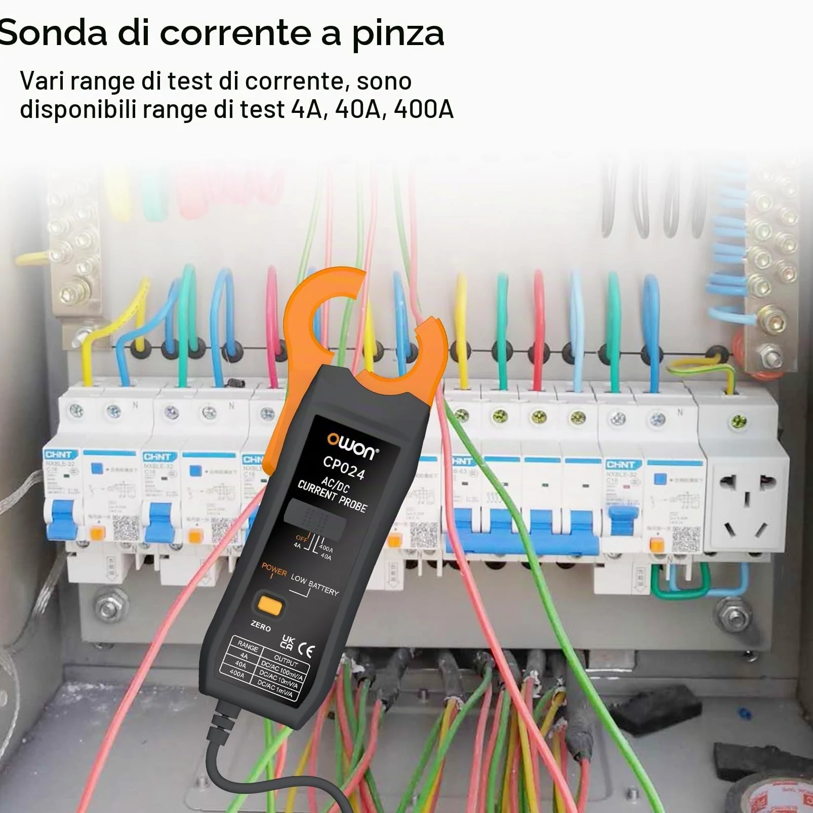 OWON CP024 Sonda a pinza amperometrica AC/DC per oscilloscopio, pinza amperometrica per tester di corrente 200 KHz Larghezza di banda 1 mV/10 mA 400 A Correzione dello zero relativo con connettore BNC