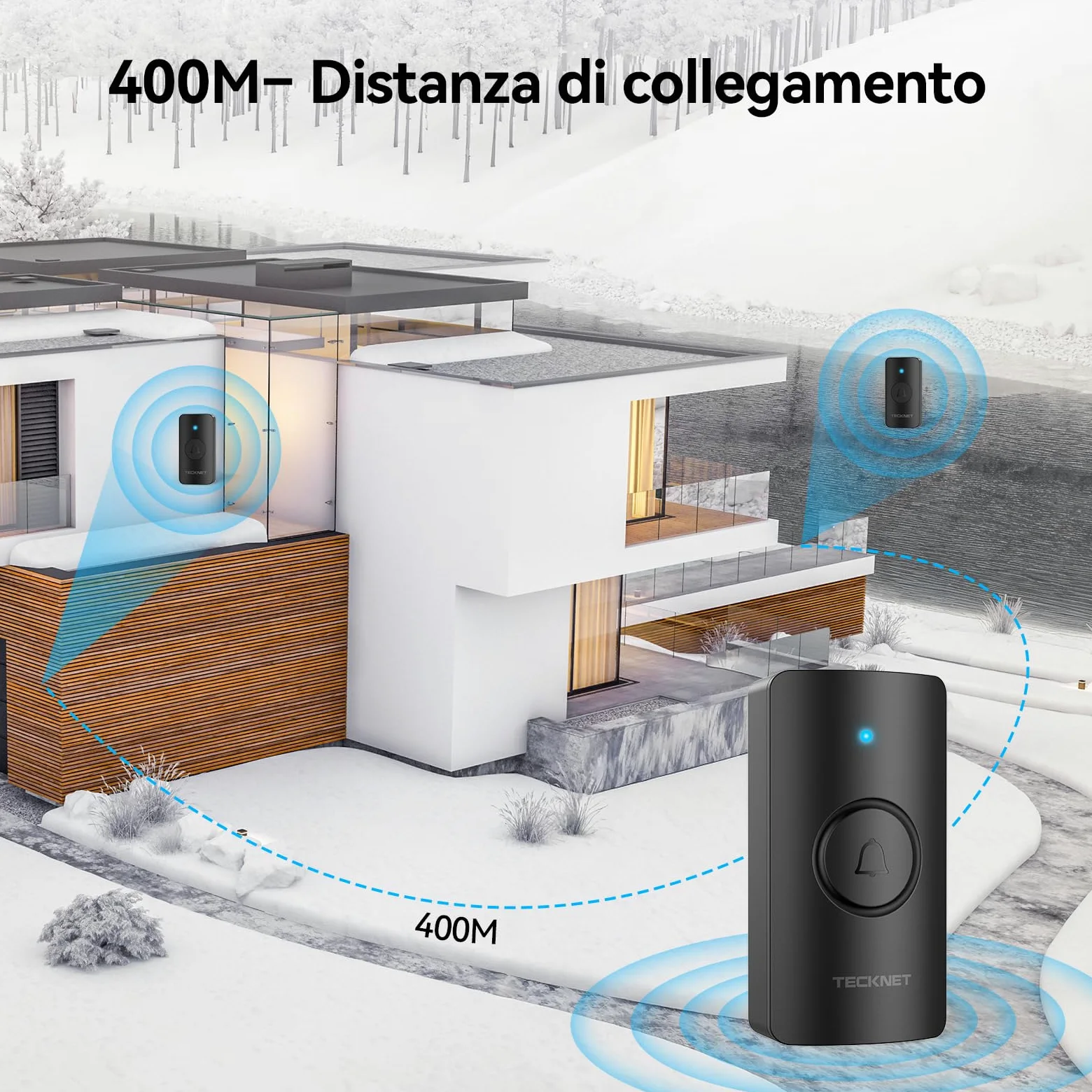 TECKNET Campanello Senza Fili IP65 Impermeabile 400m per Casa | 2 trasmettitori e 1 ricevitore, 60 suonerie, 5 livelli volume, batteria inclusa, Funzione di memoria, LED, per esterno