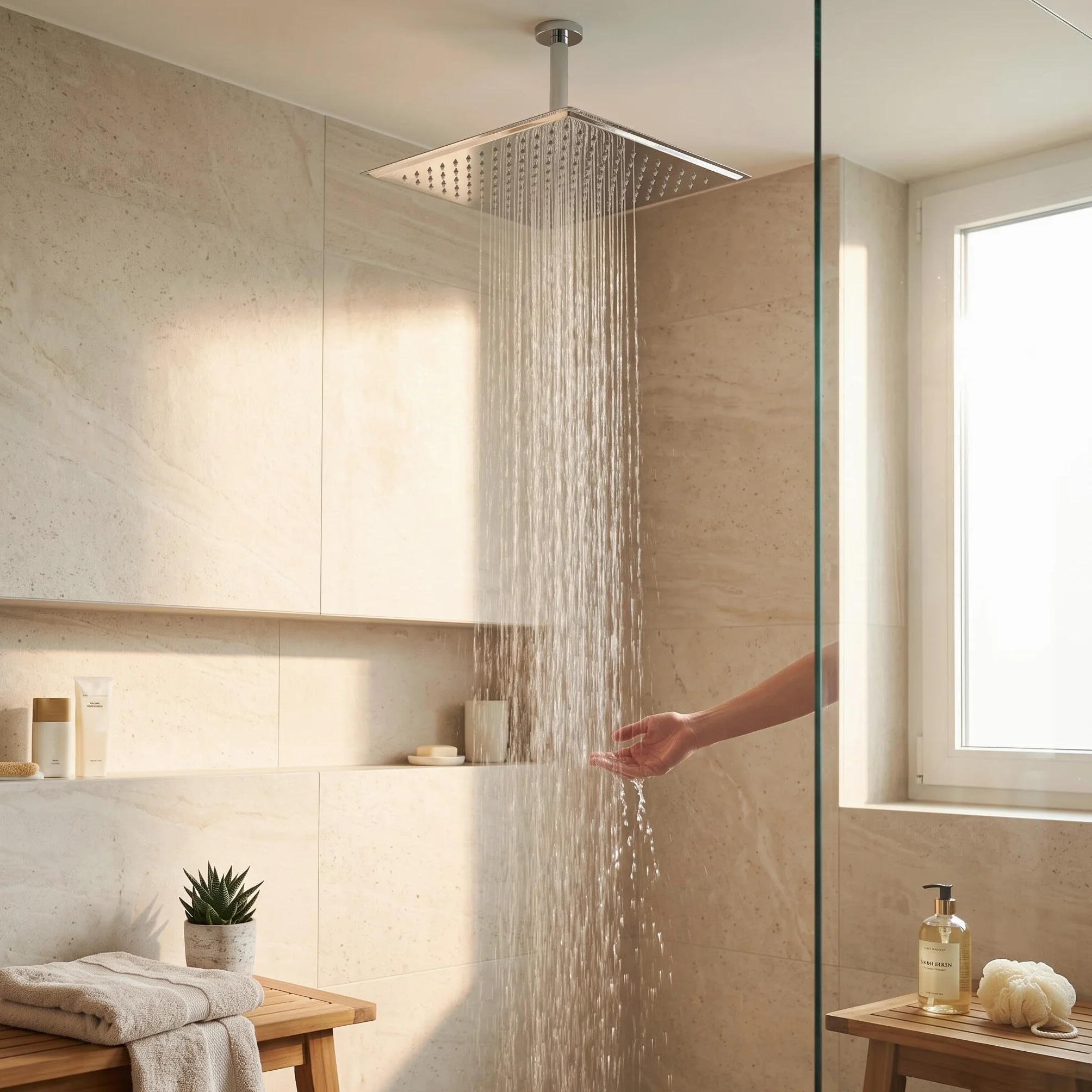 50 x 50 cm Soffione Doccia a Pioggia in Acciaio Inossidabile, Soffione Rettangolo Ultrasottile da 16 Pollici, Soffione doccia a Incasso Tondo ad Alta Pressione e Risparmio Idrico per Bagno, Argento