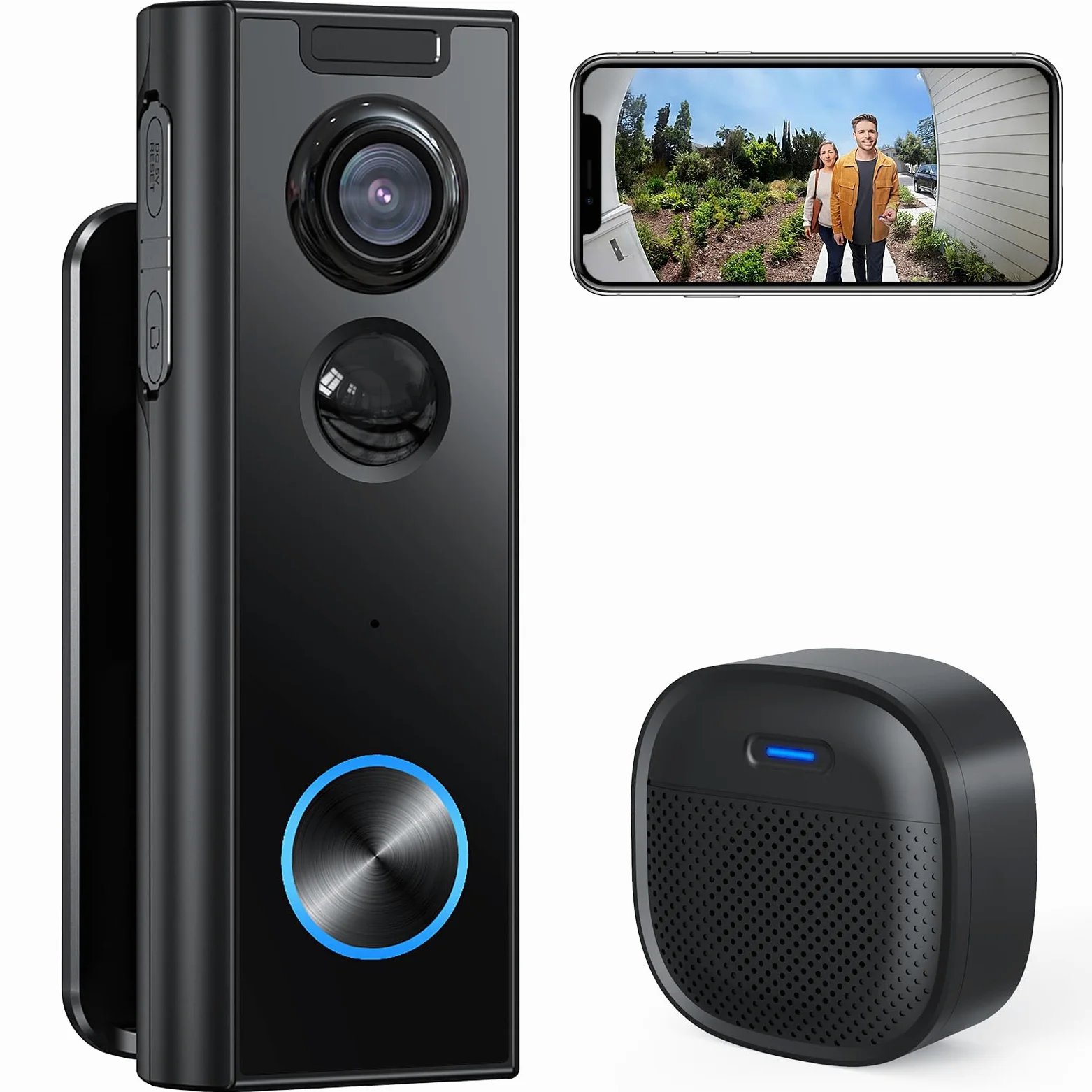 Videocitofono wireless senza abbonamento, videocamera di sicurezza HD 2K wireless locale/cloud con staffa multi-angolo, Wi-Fi 2,4 GHz, funziona con Alexa e Google Home