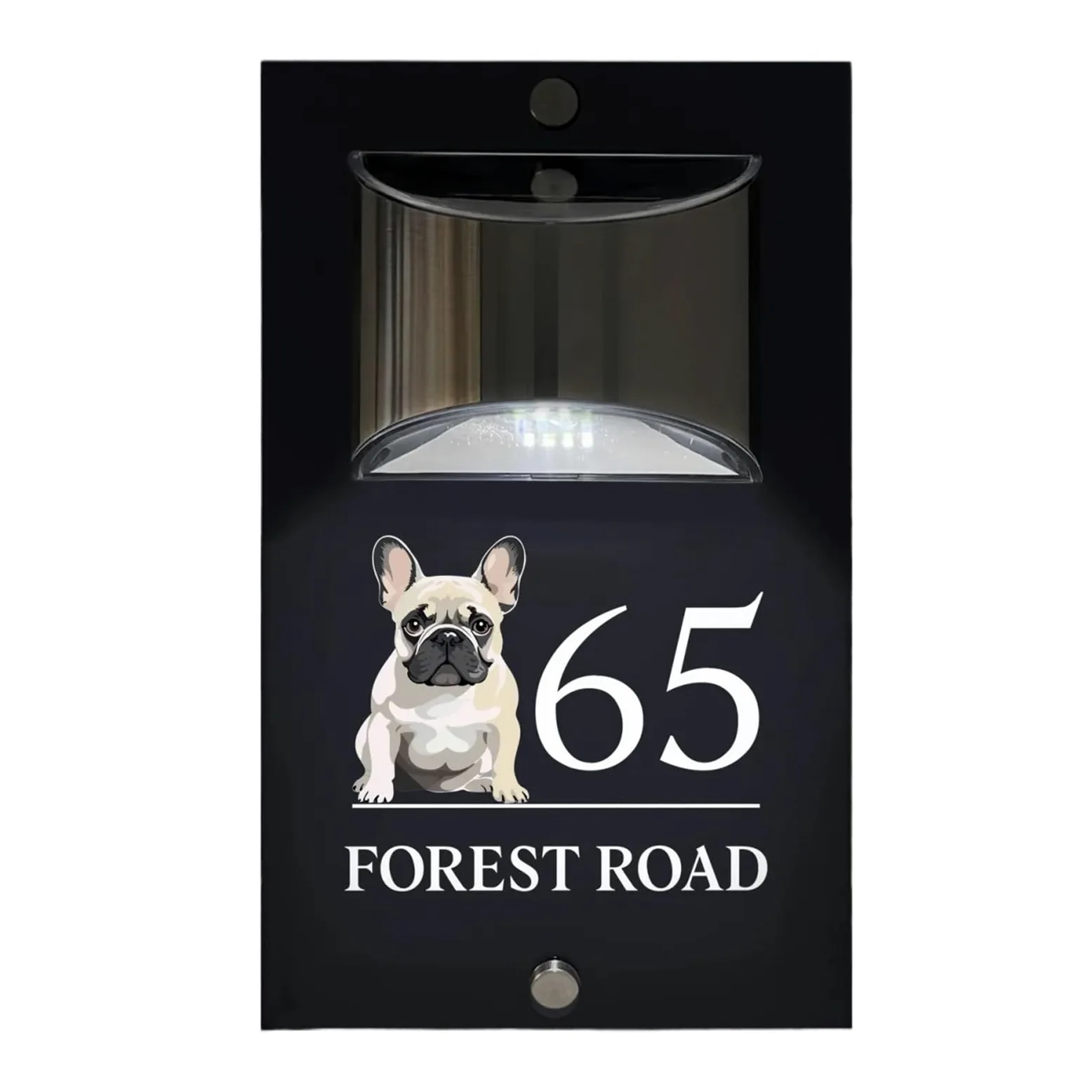 Numero civico, cartello con numero civico personalizzato con illuminazione solare, moderno, color antracite, design con cane e bulldog (stile 6,6 x 25,4 cm)