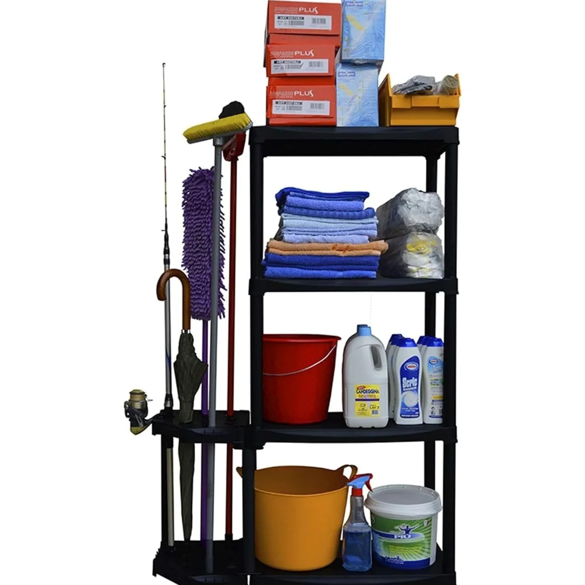 INTEC - Scaffale di Riordinamento 4 Ripiani Nero Modulabile in Polipropilene Resistente per Garage e Buanderia