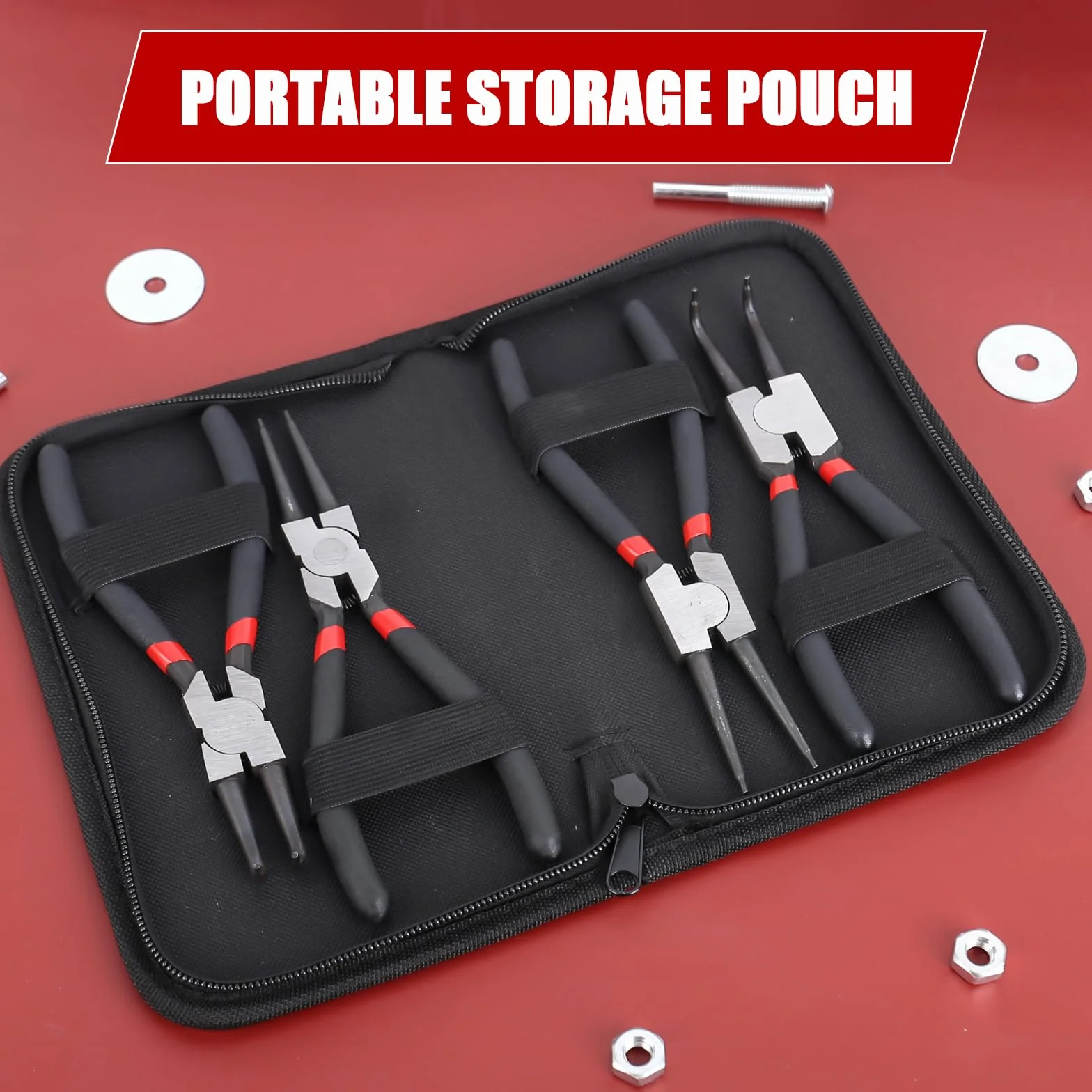 Set di 4 pinze per anelli elastici 180 mm dritte e angolate con borsa