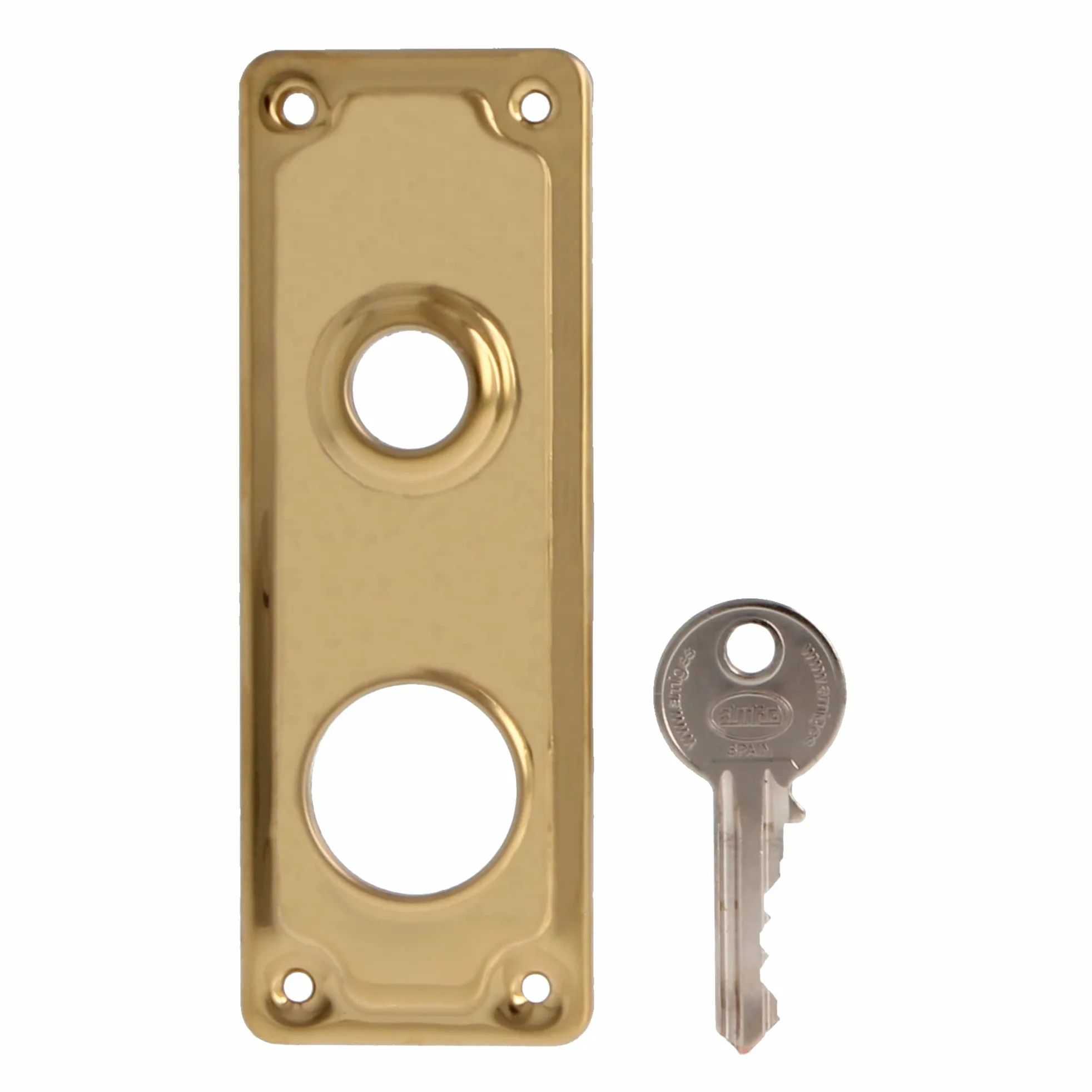 Amig - Serratura da sovrapposizione a sinistra con leva di chiusura, linguetta e maniglia per porte in legno mod. 75UN 66 x 120 mm Cilindro rotondo di sicurezza in acciaio dorato