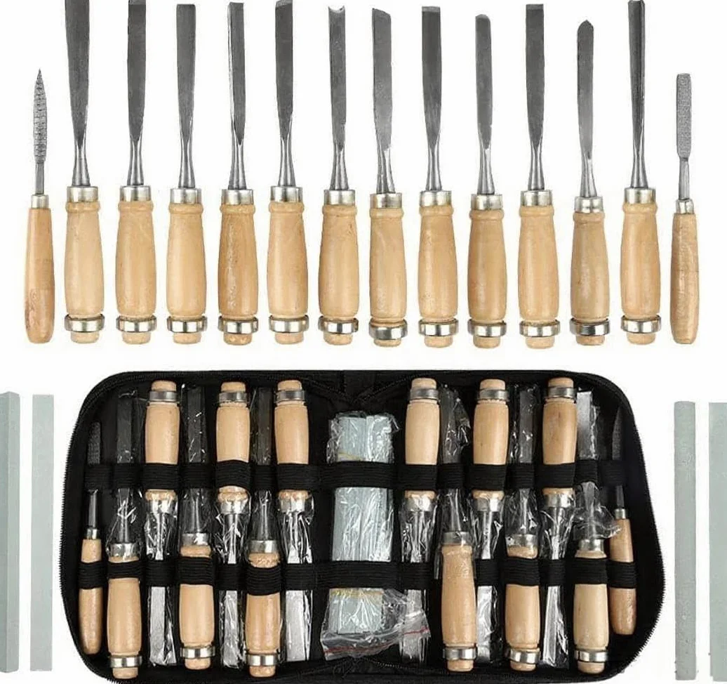 TIMESETL Scalpelli per Legno 12 Pezzi con Lime e Olio di Pietra, Coltello per Intagliare il Legno