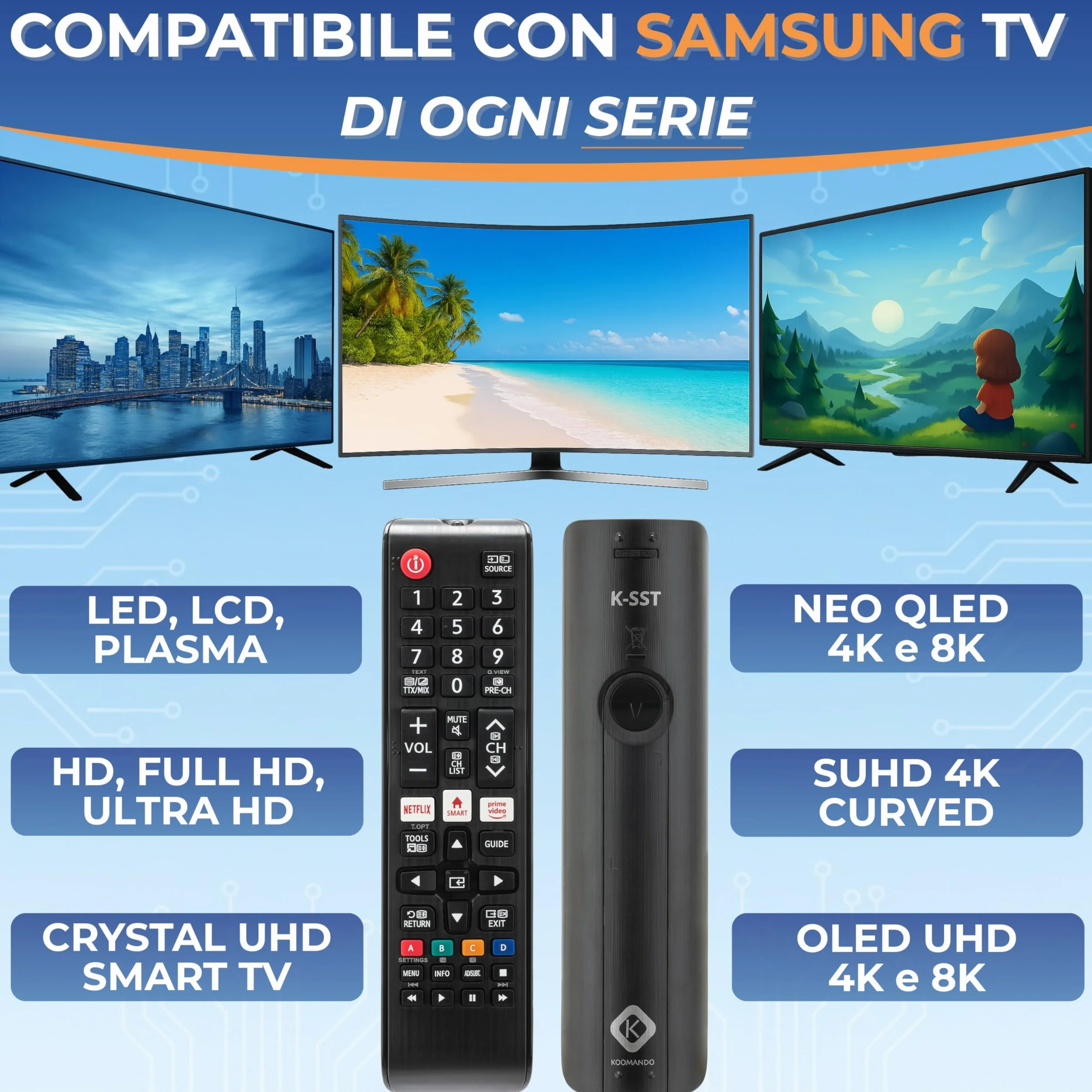 Koomando Telecomando Universale per Samsung TV LCD LED QLED UHD 4K 8K Curved HDR, Serie AA59 BN59, Pronto all'Uso senza Programmazione, Tasti Rapidi Netflix Prime Video, Compatibile Smart TV