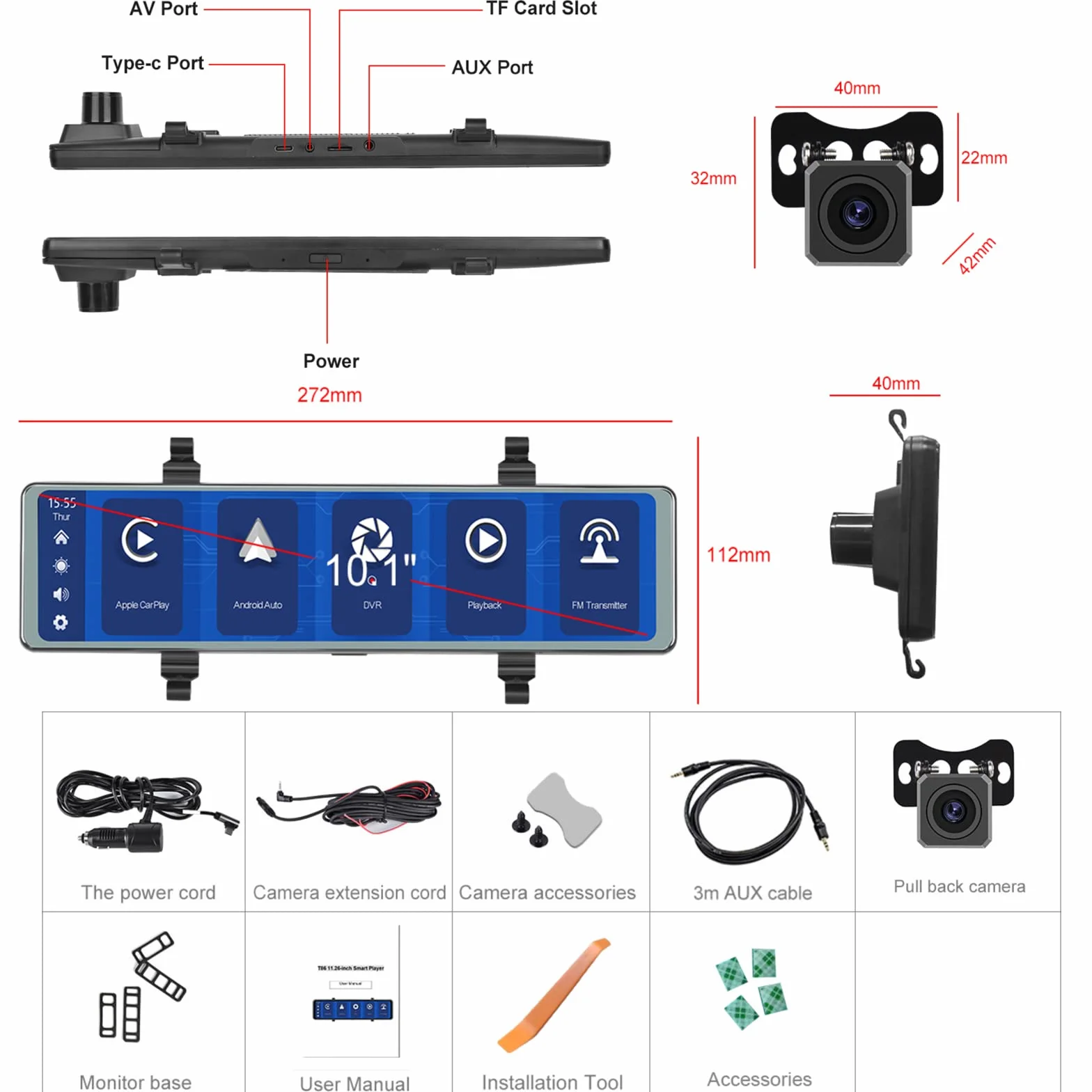 Specchio Retrovisore Auto Dash Cam Carplay Android Auto, Bluetooth, 11,26 Pollici Touchscreen IPS Specchio Retrovisore DVR, Anteriore e Posteriore Telecamere WDR, Specchio Dash Cameras FM, AUX in