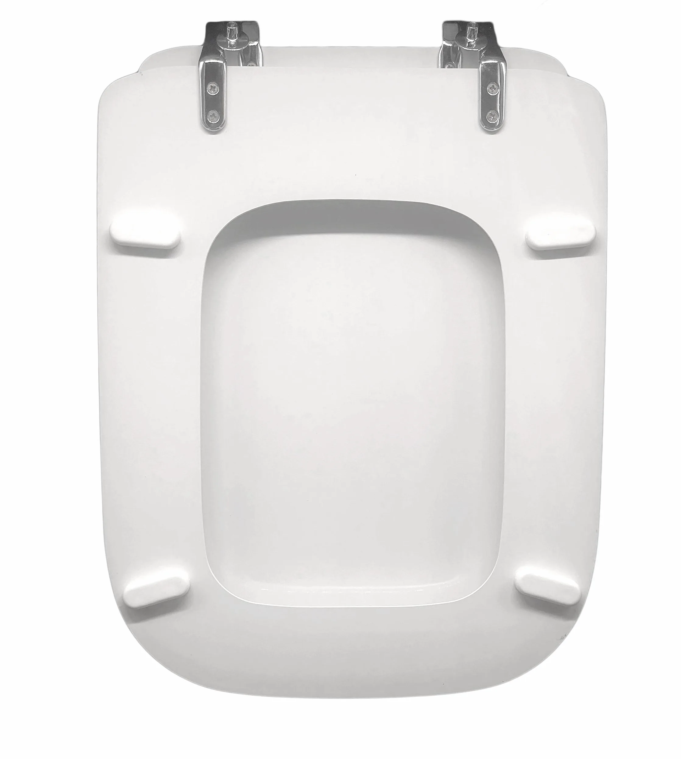 Sì Copriwater in poliestere con anima in legno, serie Conca della Ideal Standard, Bianco Europeo con cerniere in metallo cromato.