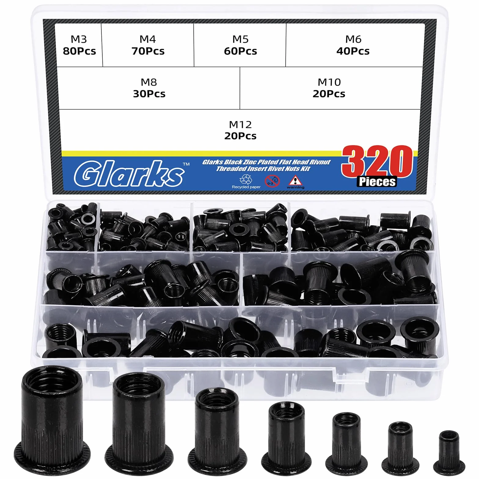 Glarks Set 320 dadi filettati M3 M4 M5 M6 M8 M10 M12 acciaio carbonio zincato nero testa piatta rivnut inserti filettati